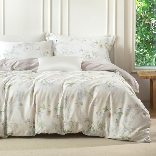 MILDLY Queen Duvet Cover Set - 100% Long-Staple Cotton Beige Floral Patten Reversible Comforter Cover - 3Pcs Soft Breathable Luxury Bedding for All Season