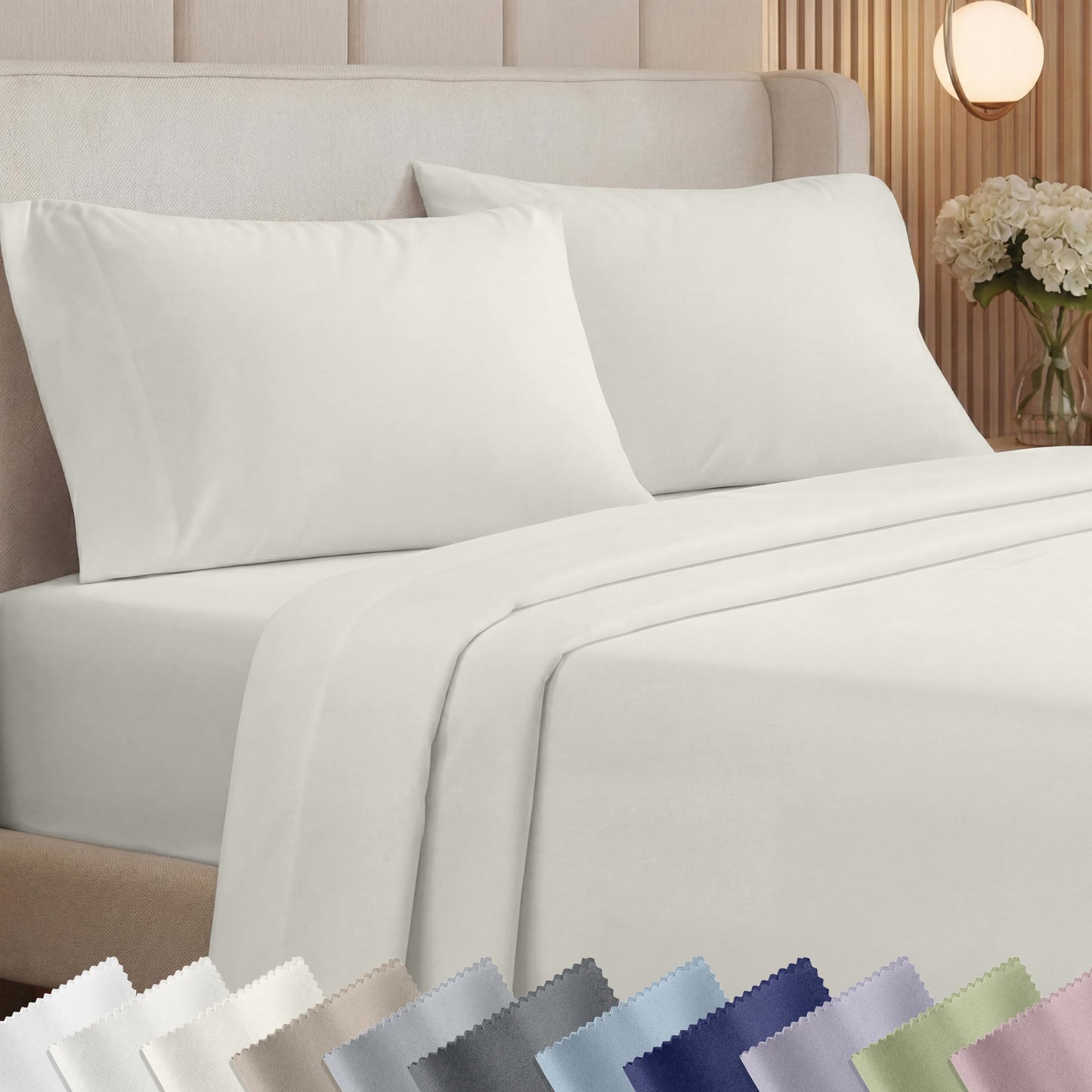 California Design Den Luxury 100% Cotton King Bed Sheets Set - 1000 Thread Count Sateen, Thick and Natural King Sheet Sets Deep Pocket Cotton Bedding, Durable - Eggshell Cream