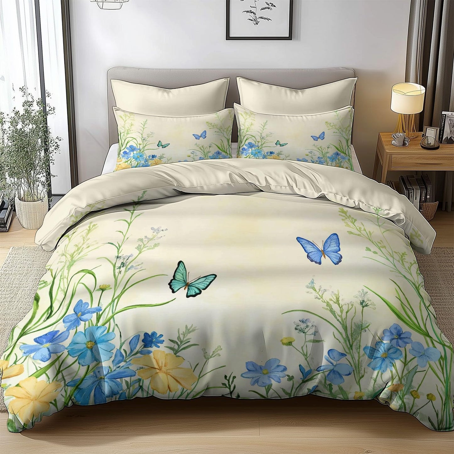 Twin Duvet Cover Set - Countryside Flower Field Butterfly Bedding Beige, 2 Piece Set with Zipper Closure, Easy Care Breathable Cozy, 1 Duvet Cover 68 x 90 inches and 1 Pillow Shams