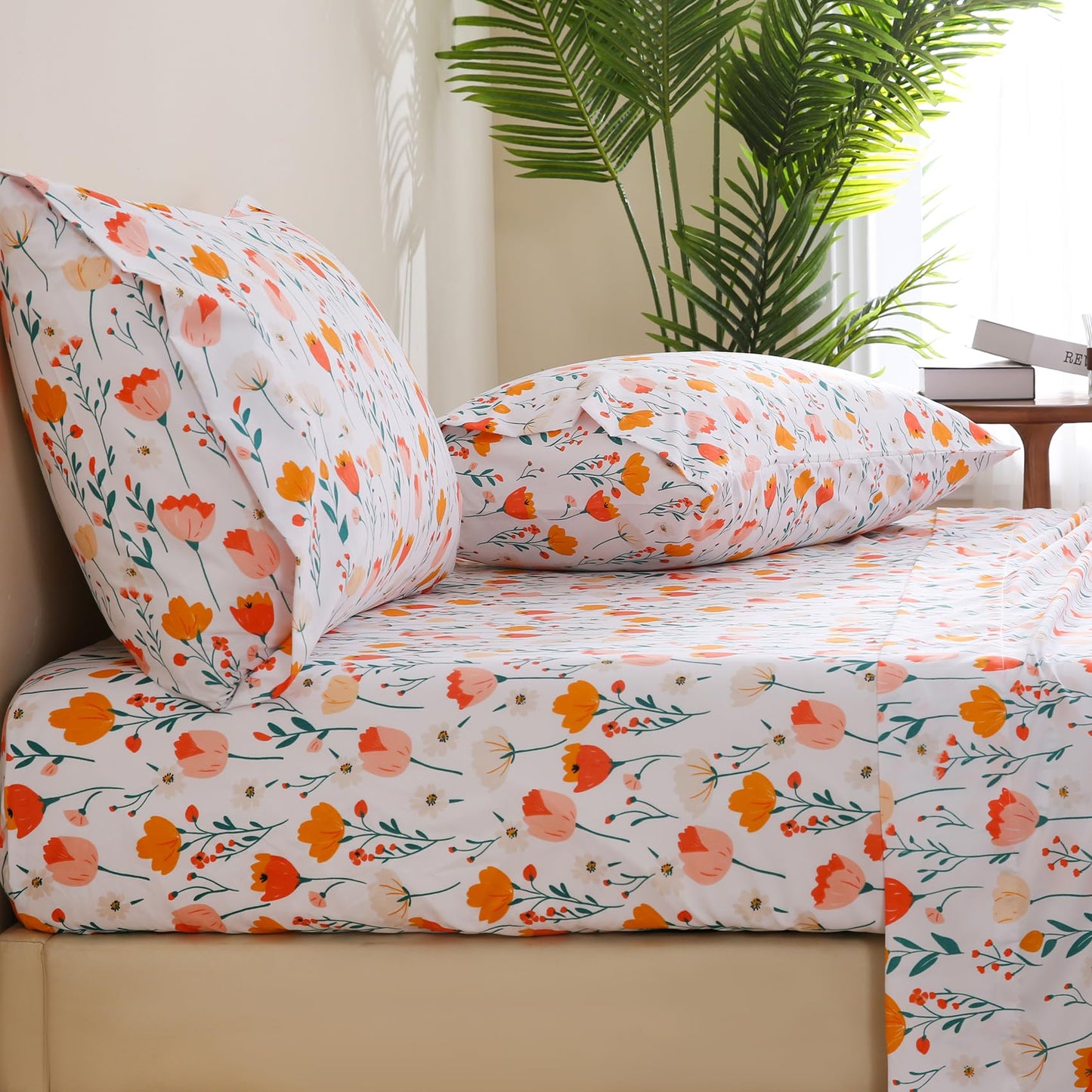 JSD Tulip Floral Sheet Set Queen Size, 4 Piece Spring Printed Microfiber Bed Sheets Deep Pocket