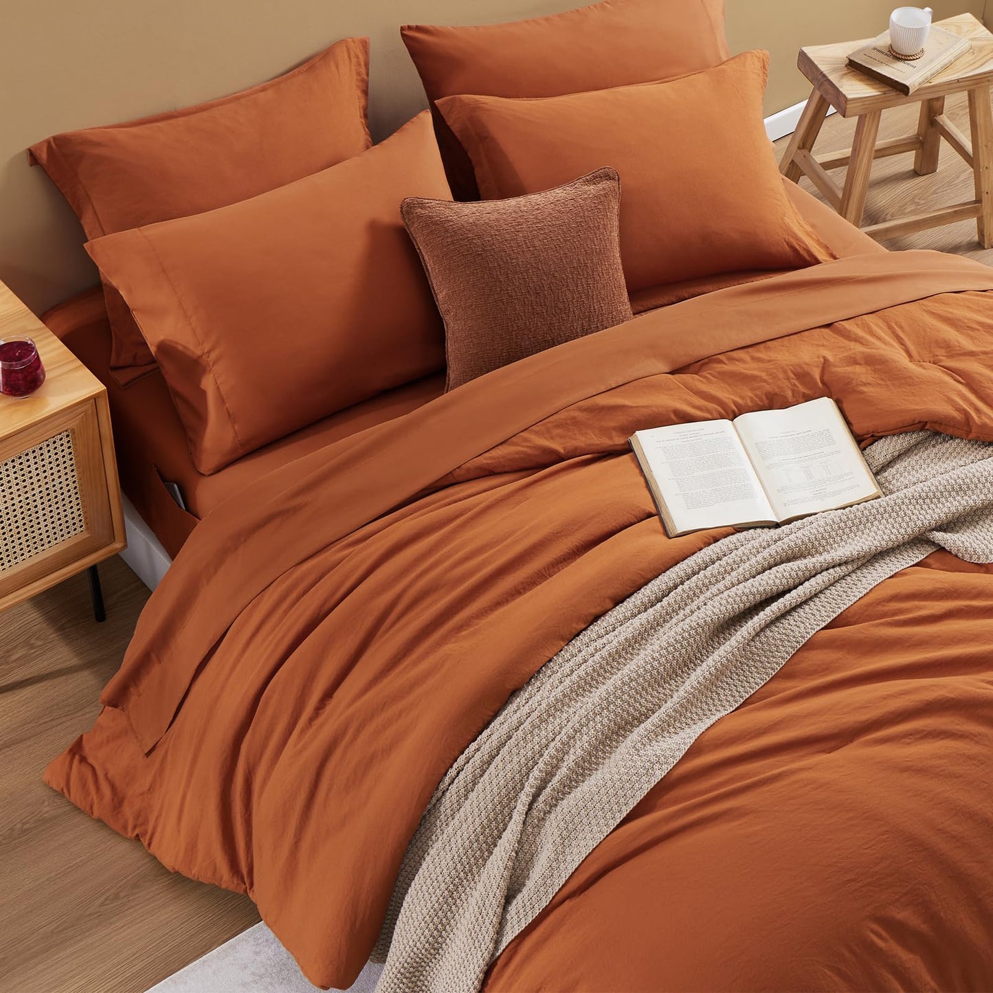 WRENSONGE Queen Comforter Set- 7 Pieces Soft Burnt Orange Bed in a Bag with Fitted Sheet, Flat Sheet, 2 Shams, and 2 Pillowcases-Warm Bed Sets Fall Comforter for All Seasons