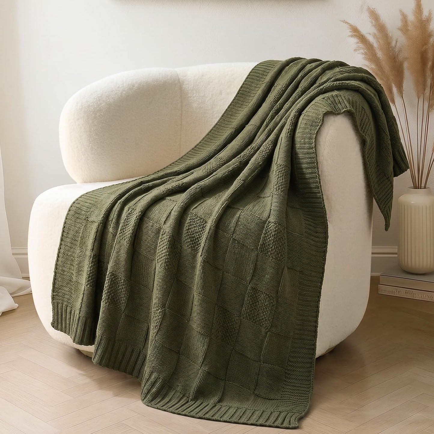 Chunky Knit Throw Blanket for Couch, Oversized Decorative Knitted Blanket, Soft Luxurious Moss Stitch Chair Blankets for Sofa and Bed, Cozy Farmhouse Boho Home Decor, Olive Green, 50" x 70"