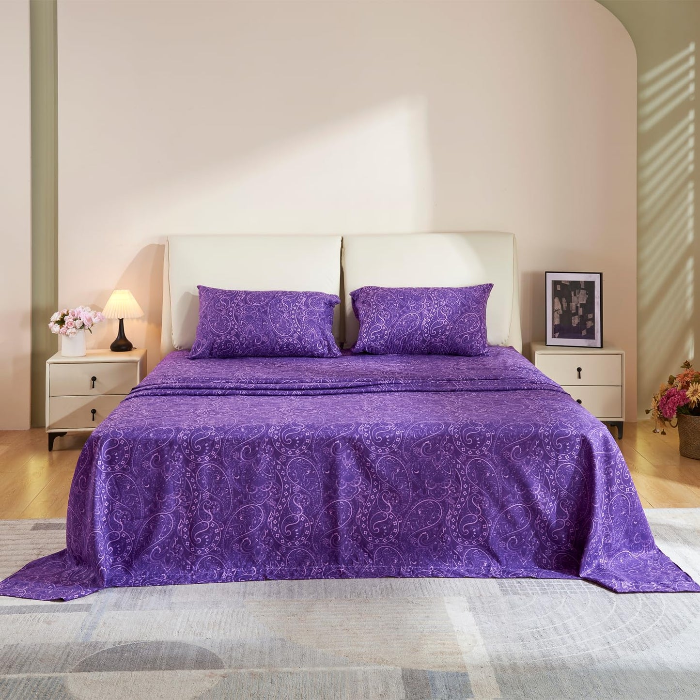 KACEMOO Cal King Sheet Set, California King Size Bed Sheets, Deep Pocket Purple Paisley Sheets Set, Soft Fitted Sheets Set Microfiber Breathable