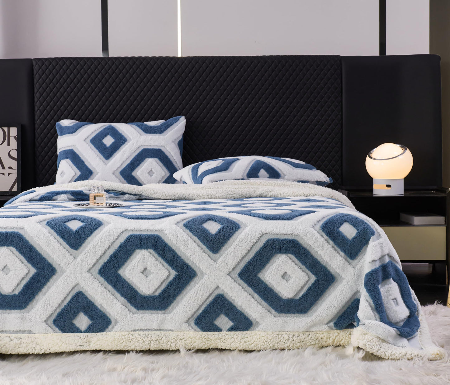 LEVINIS Boho Sherpa Fleece Blanket 80'' × 90'', Ultra Soft Aztec Queen Blanket for All Season, Cozy, Plush, Bohemian Throw Blankets for Bed/Couch/Sofa/Office/Camping, Blue