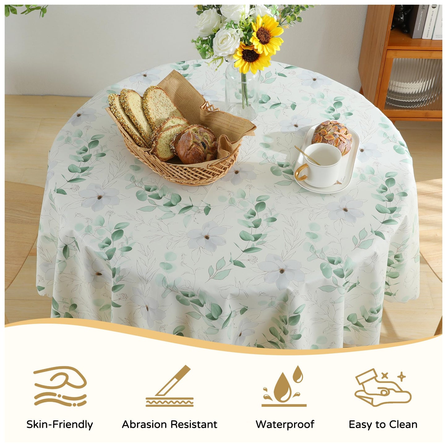Fhberni Heavy Duty PVC Tablecloth with Vibrant Floral Prints Waterproof & Wipeable & Durable Plastic Table Cover for Parties, Weddings, Holiday Decor(Round 55'', Green 2)