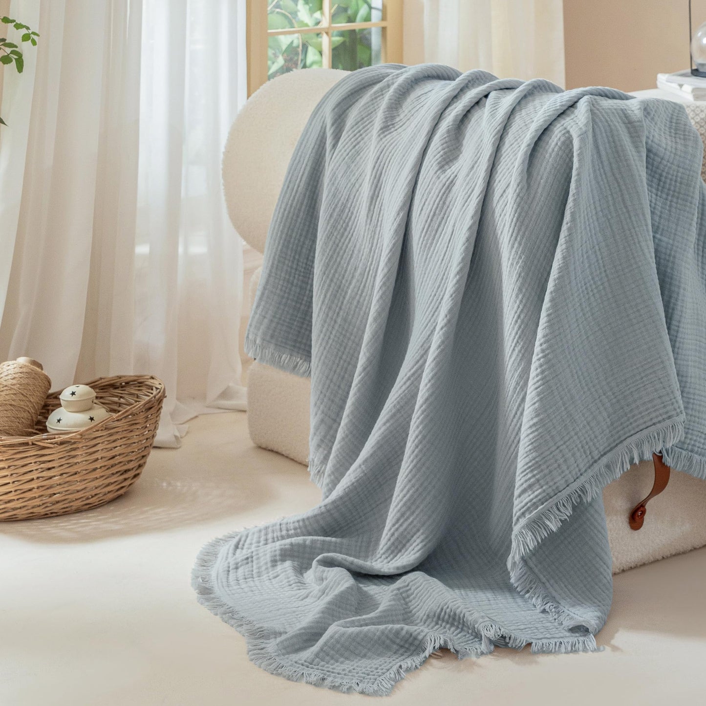 Muslin Fringe Blanket for Adults 100% Cotton 4-Layer Gauze Cloud Soft Breathable Lightweight All Season Throw Blanket for Bed Couch Sofa Office (Dusty Blue, Twin XL 66" × 90")