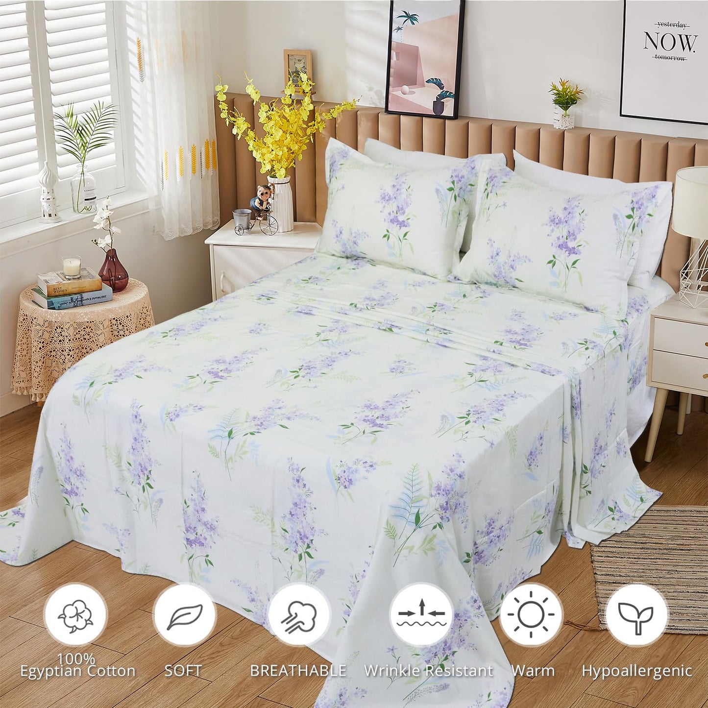 Helthep Floral Queen Sheet Set, Ultra-Soft and Breathable Cotton Sheet Set with Deep Pocket Fitted Sheet, Flat Sheet and Pillowcases, 4-Piece Queen Size