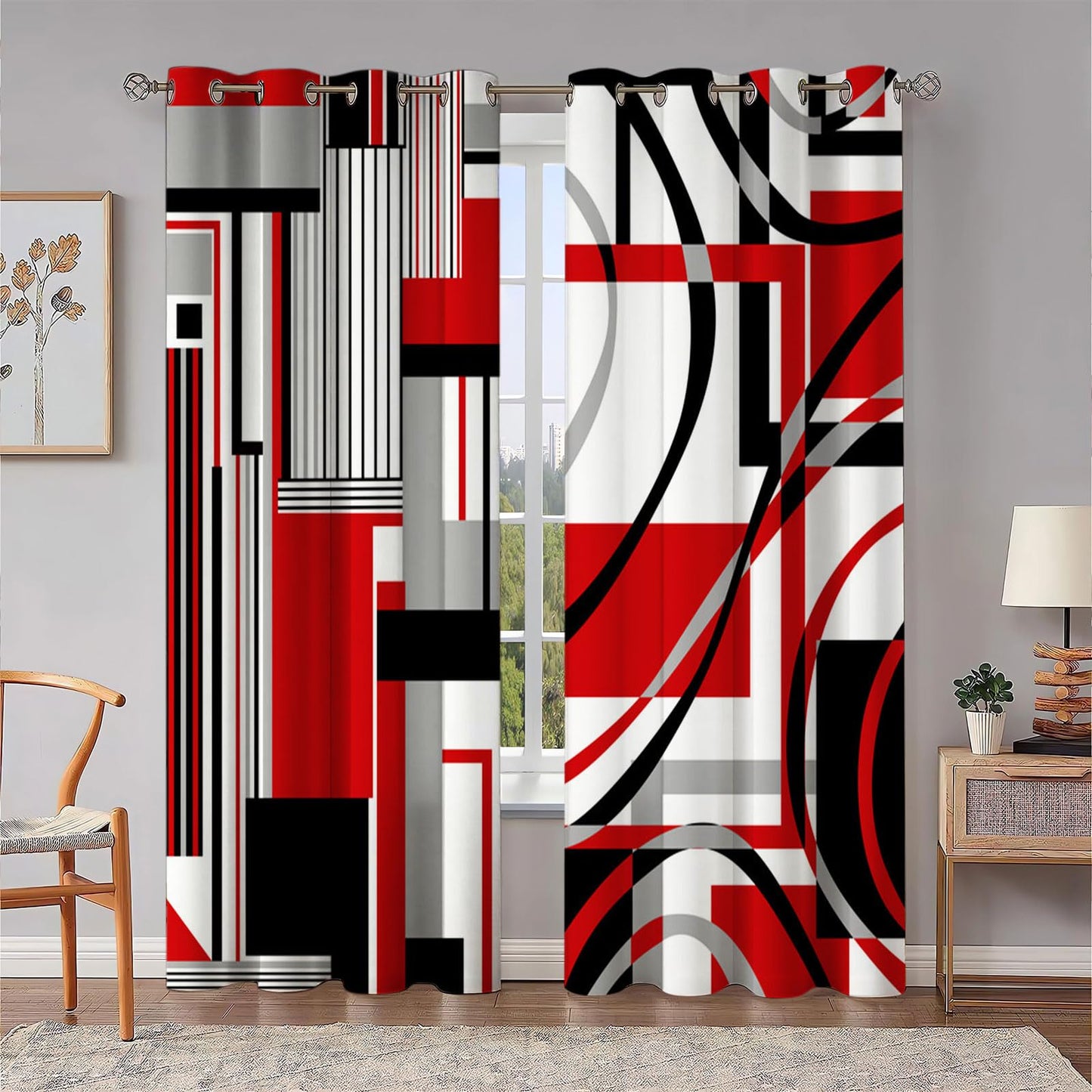 HIYSMT Red Black White Line Geometric Curtains,42x84inch Gray Red Plaid Striped Blackout Curtain,Abstract Red Modern Art Drape for Bedroom Living Room 2Panels HI01CL