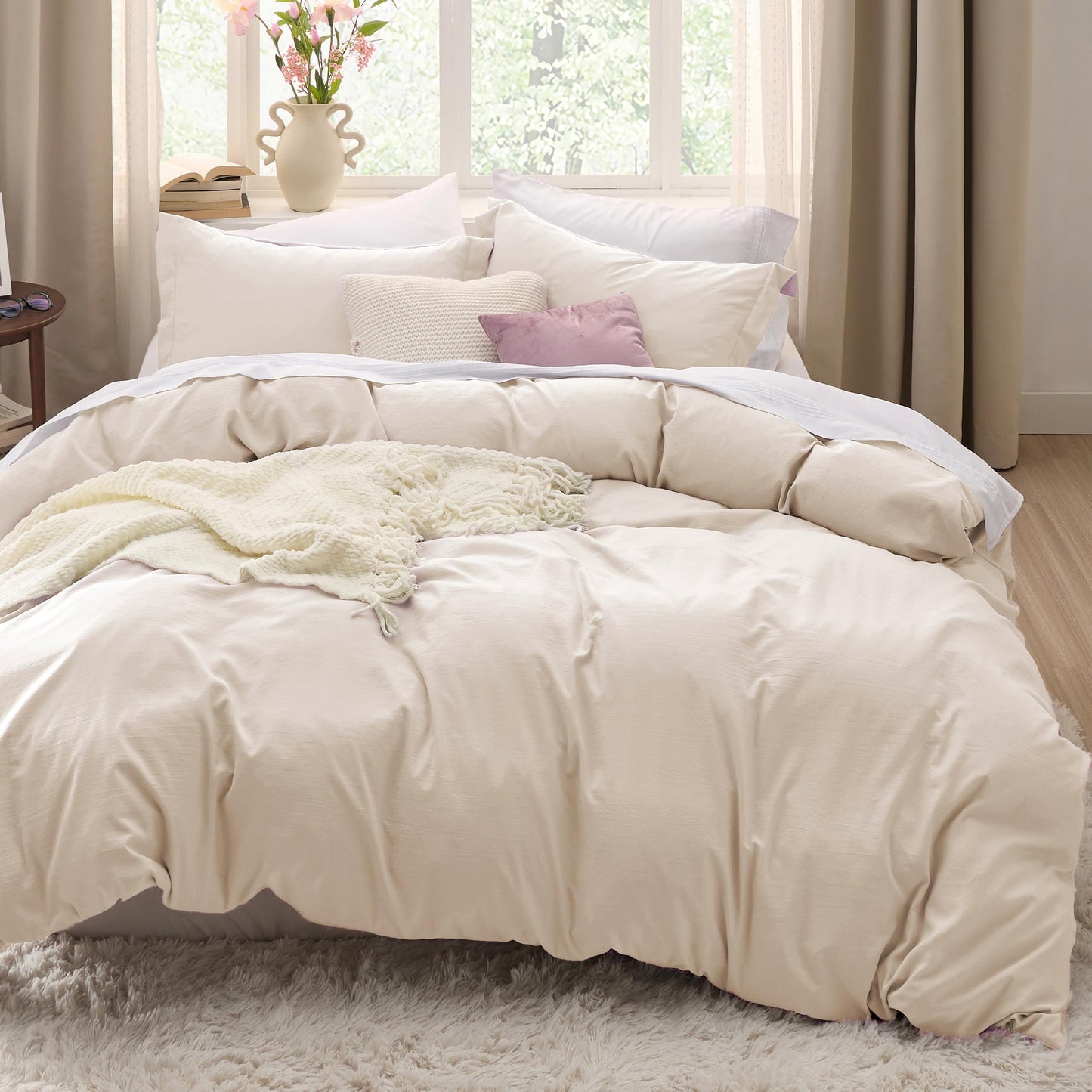 Bedsure Cream Duvet Cover Queen Size - 3 Pieces Prewashed Cotton-Like Polyester Extra Soft Bedding Set, Includes 1 Duvet Cover 90x90 Inches with Zipper Closure & 2 Pillow Shams, No Comforter