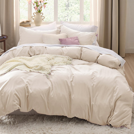 Bedsure Cream Duvet Cover Queen Size - 3 Pieces Prewashed Cotton-Like Polyester Extra Soft Bedding Set, Includes 1 Duvet Cover 90x90 Inches with Zipper Closure & 2 Pillow Shams, No Comforter