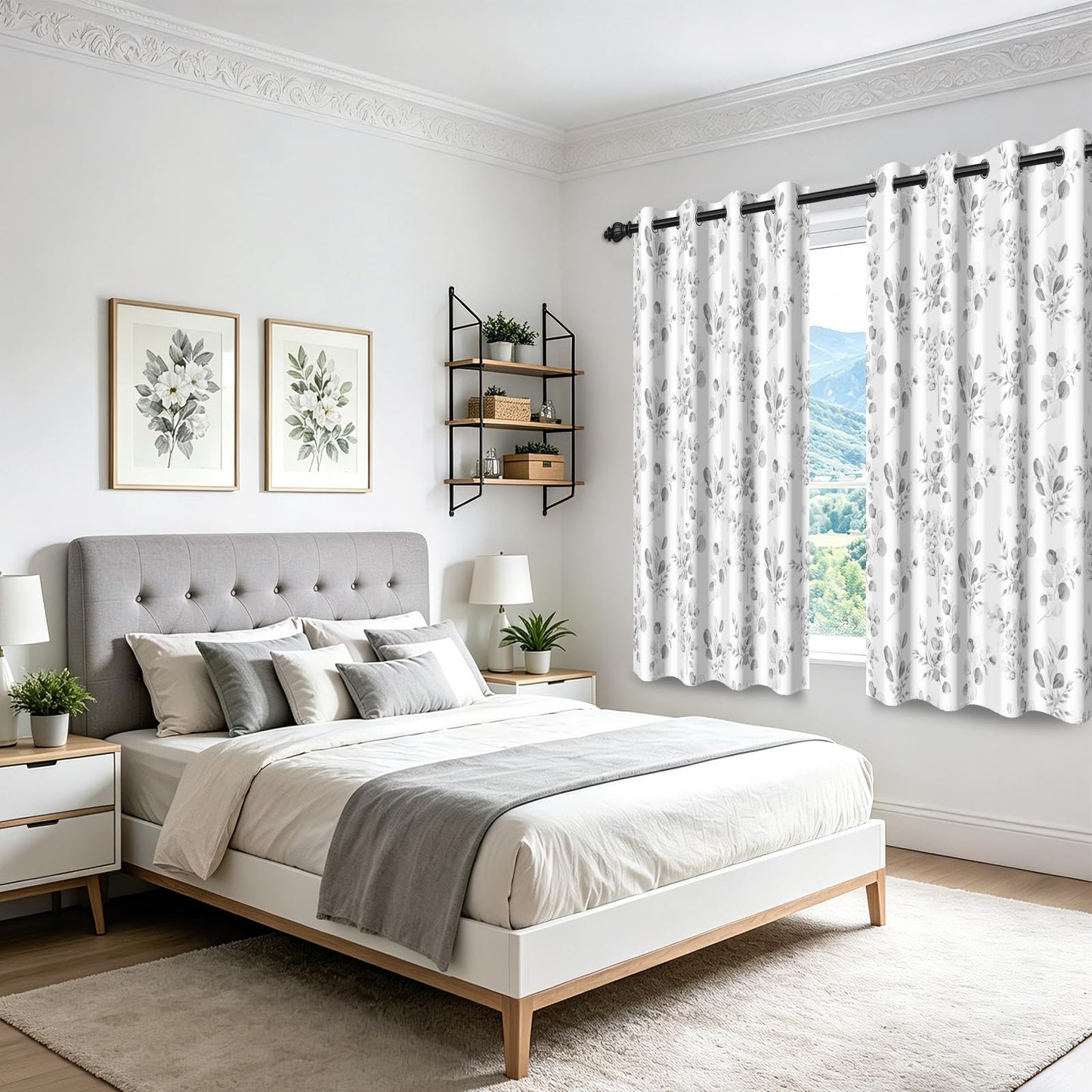 GICDSU Gray Botanical Leaf 90% Blackout Curtains 63 Inches Long Watercolor Floral Print Room Darkening Curtains with Grommet Country Soundproof Insulated Window Drapes for Bedroom Living Dining Room