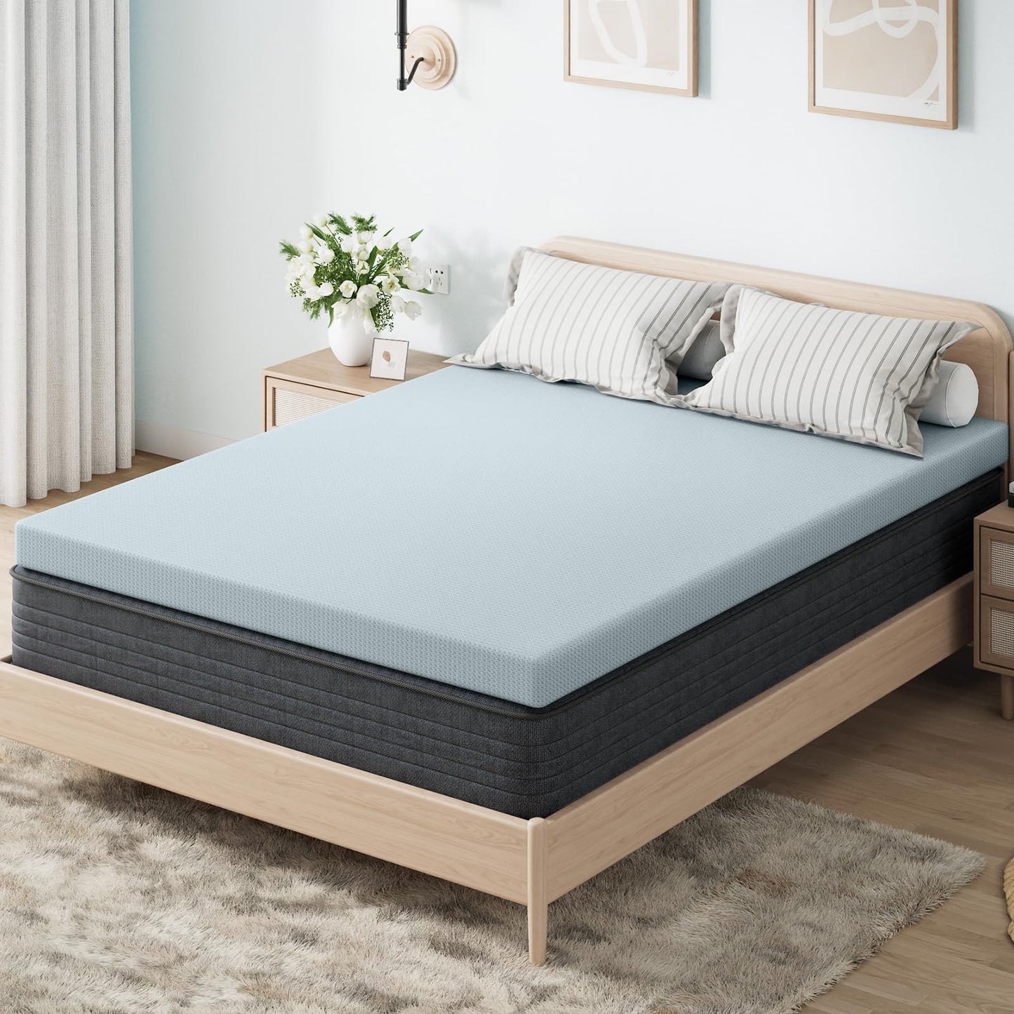 OhGeni 2 Inch Full Memory Foam Mattress Topper Pad with Cover, Soft Bed Cover with Anti-Slip Base, Enhanced with Cooling Gel，Premium Comfort for Sleep & Back Pain Relief, Removable & Washable