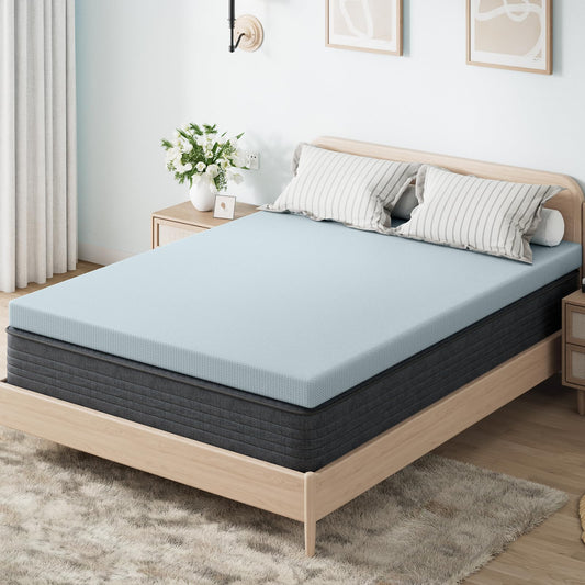 OhGeni 2 Inch Full Memory Foam Mattress Topper Pad with Cover, Soft Bed Cover with Anti-Slip Base, Enhanced with Cooling Gel，Premium Comfort for Sleep & Back Pain Relief, Removable & Washable