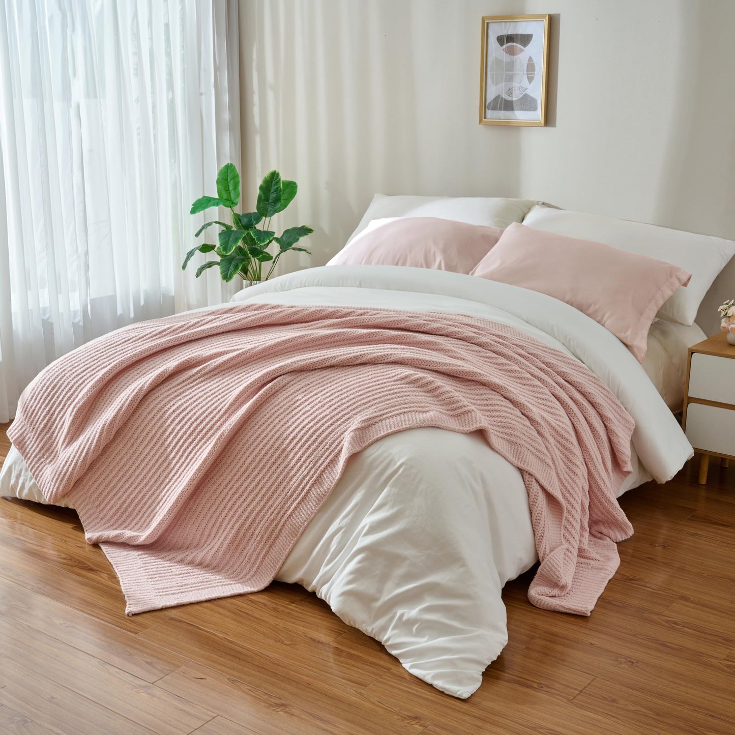 LONG CREATE Striped Throw Blanket for Couch 50"X60", Light Pink Microfiber Knitted Throws 550GSM Super Soft Warm Fuzzy Fluffy Plush Knit Blankets for Bed, Cozy Sofa Chair Living Room Home Decor