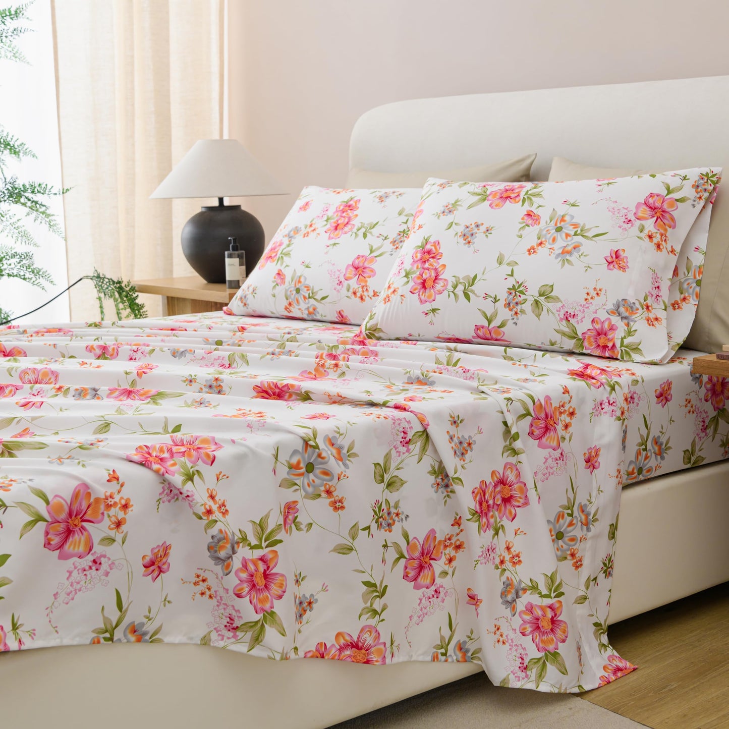 Spirit Linen home 6-Piece Twin Size Bed Sheet Set - Deep Pocket, Floral Print Design, Soft and Breathable Bed Sheets, Microfiber Material, Includes 1 Fitted, 1 Flat, 4 Pillowcases - Pink/Green Floral