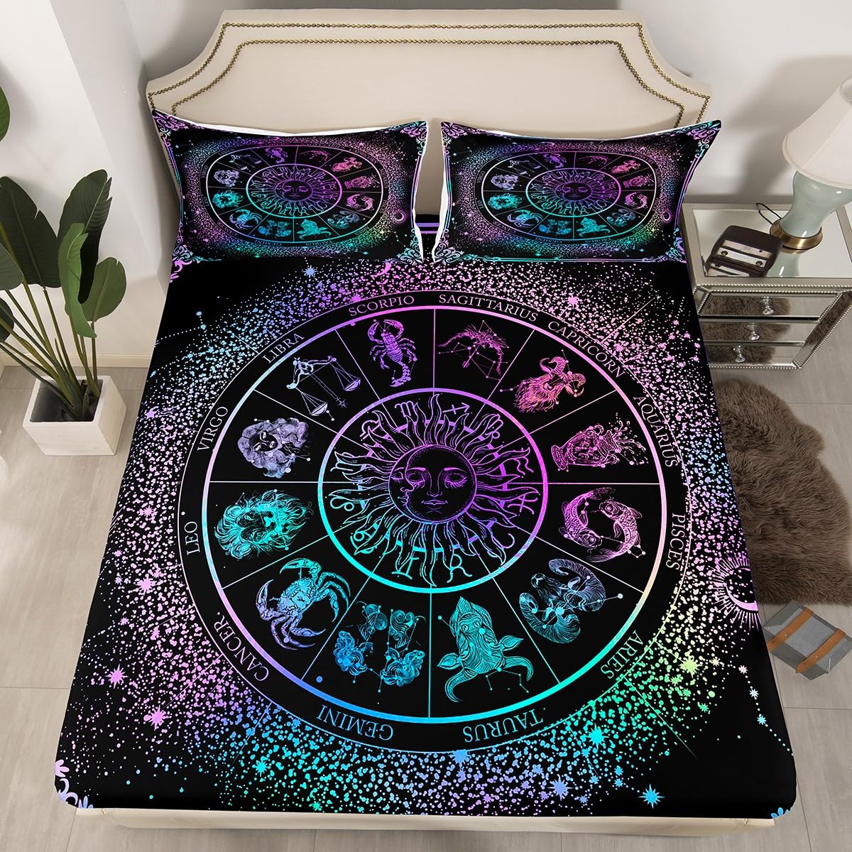 Sun Moon Bed Sheets Zodiac Astrology Bedding Set King Constellations Galaxy Sheet Set Spiritual Gifts for Girls Teens Women,Trippy Leo Aquarius Fitted Sheet Purple Blue Flat Sheet + 2 Pillow Cases