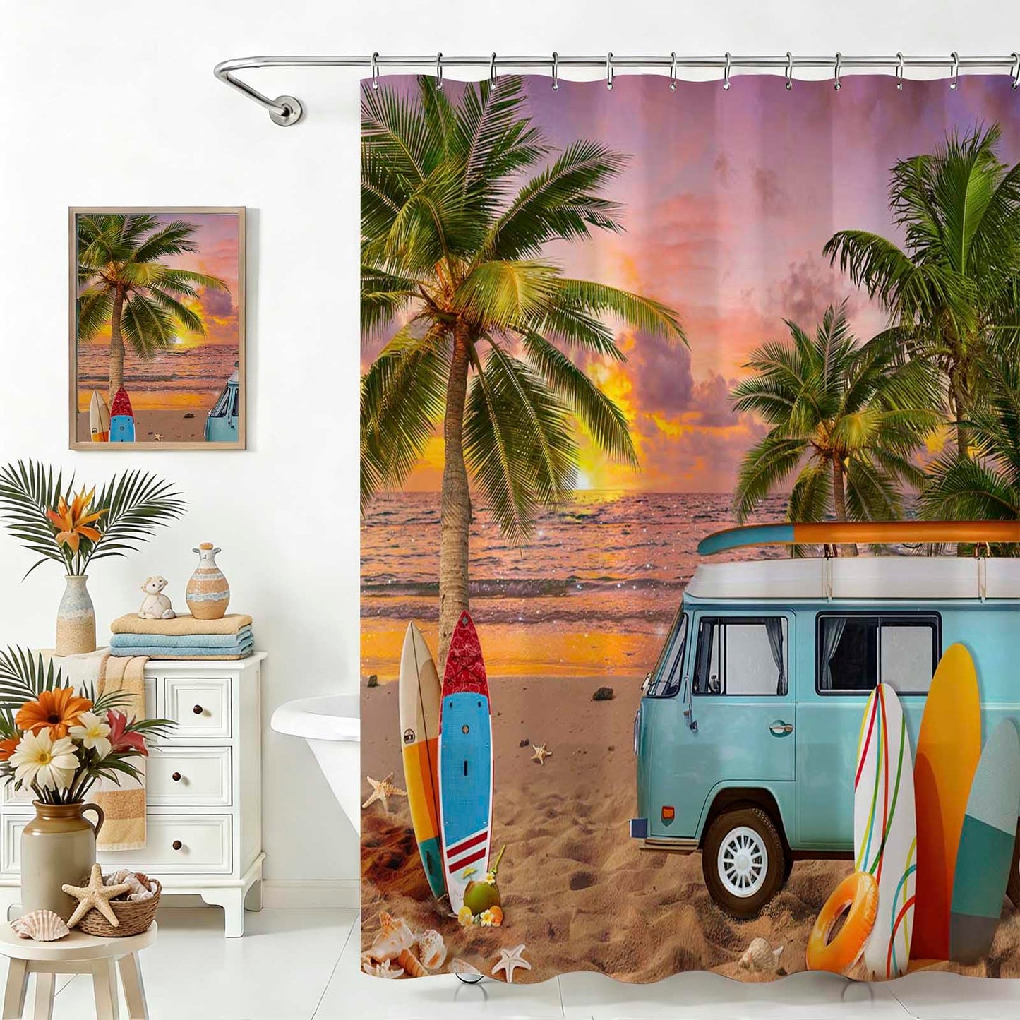 Tropical Beach Ocean Shower Curtain, Beach Palm Tree Summer Bathroom Decor Bath Curtain, Waterproof Hawaii Coastal Surfboard Tour Bus Bath Curtain, 72 X 72 Inch (Orange, 72"W x 72"L (Pack of 1))