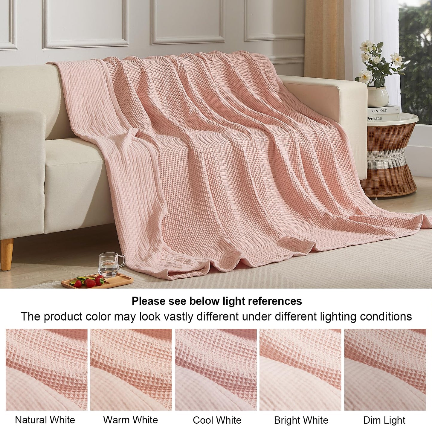PHF 100% Cotton Waffle & Muslin Blanket Queen Size, Soft Breathable Luxury 400GSM Versatile Reversible Bedding for Bed, Great for Layering in Cold Weather, Home Decor Gift, 90" x 90", Rose Smoke