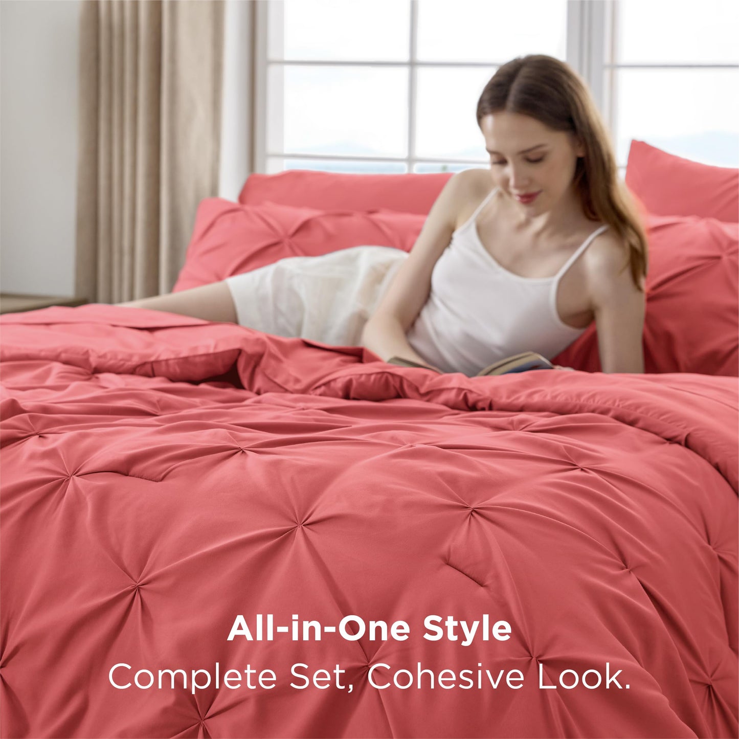 Bedsure Queen Comforter Set Coral Red - Bed in a Bag Queen Size Bedding 7 Pieces, GentleSoft™ Pintuck Bed Set Gift for Family, All Season Down Alternative Comforter with Sheets, Pillowcases & Shams