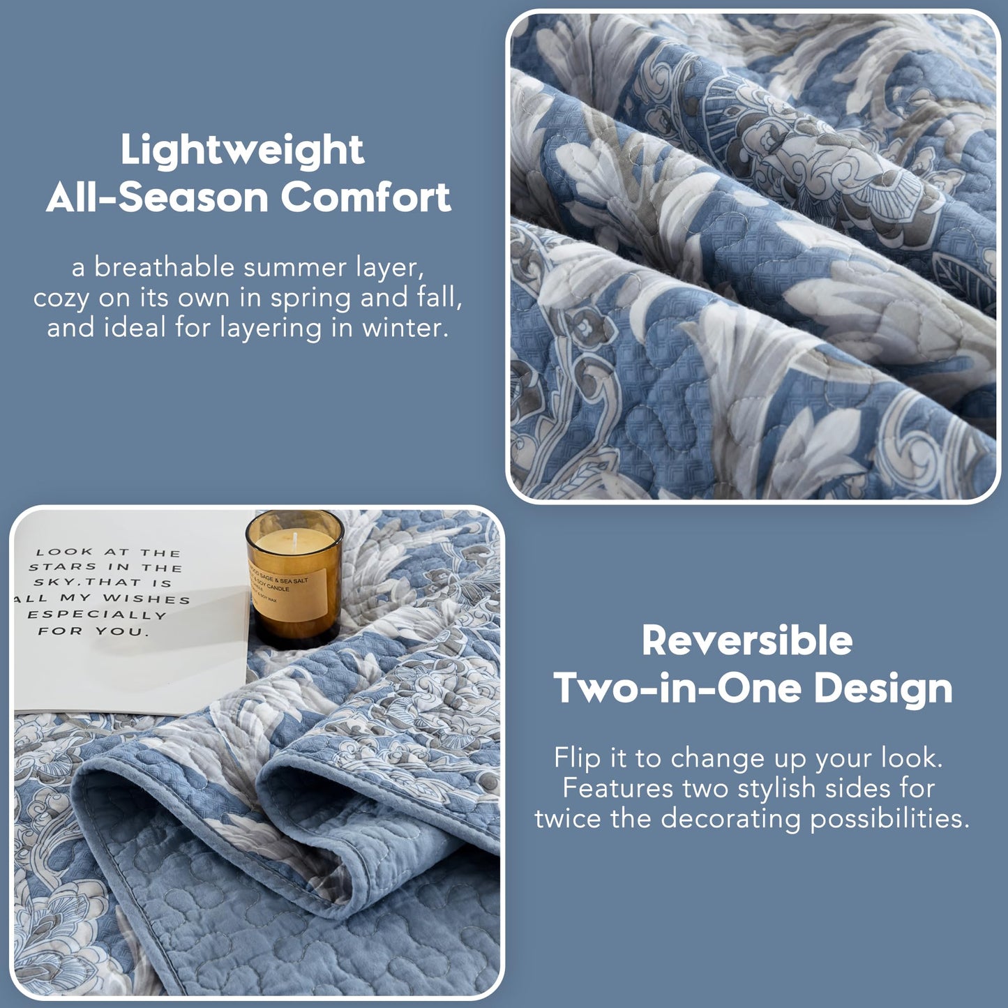 BCOTTOND King Size Quilt Set - Dusty Blue and Gray Quilt Set King, 100% Cotton Floral Bedspread Set 3 Piece, Classic Damask Bedspread, Reversible Lightweight Quilt Bedding Set