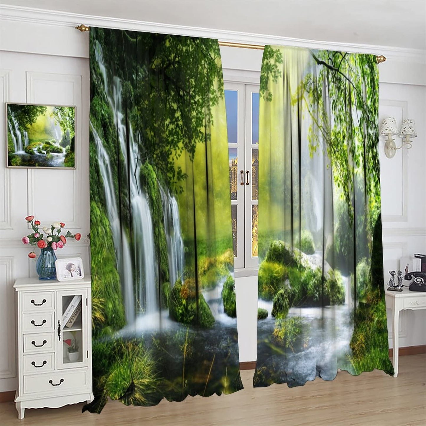 Spring Waterfall Curtains Forest Moss Green Plants Theme Bedroom Living Room Cafe Decor Rod Pocket Blackout Window Drapes 2 Panels Set 42x45in