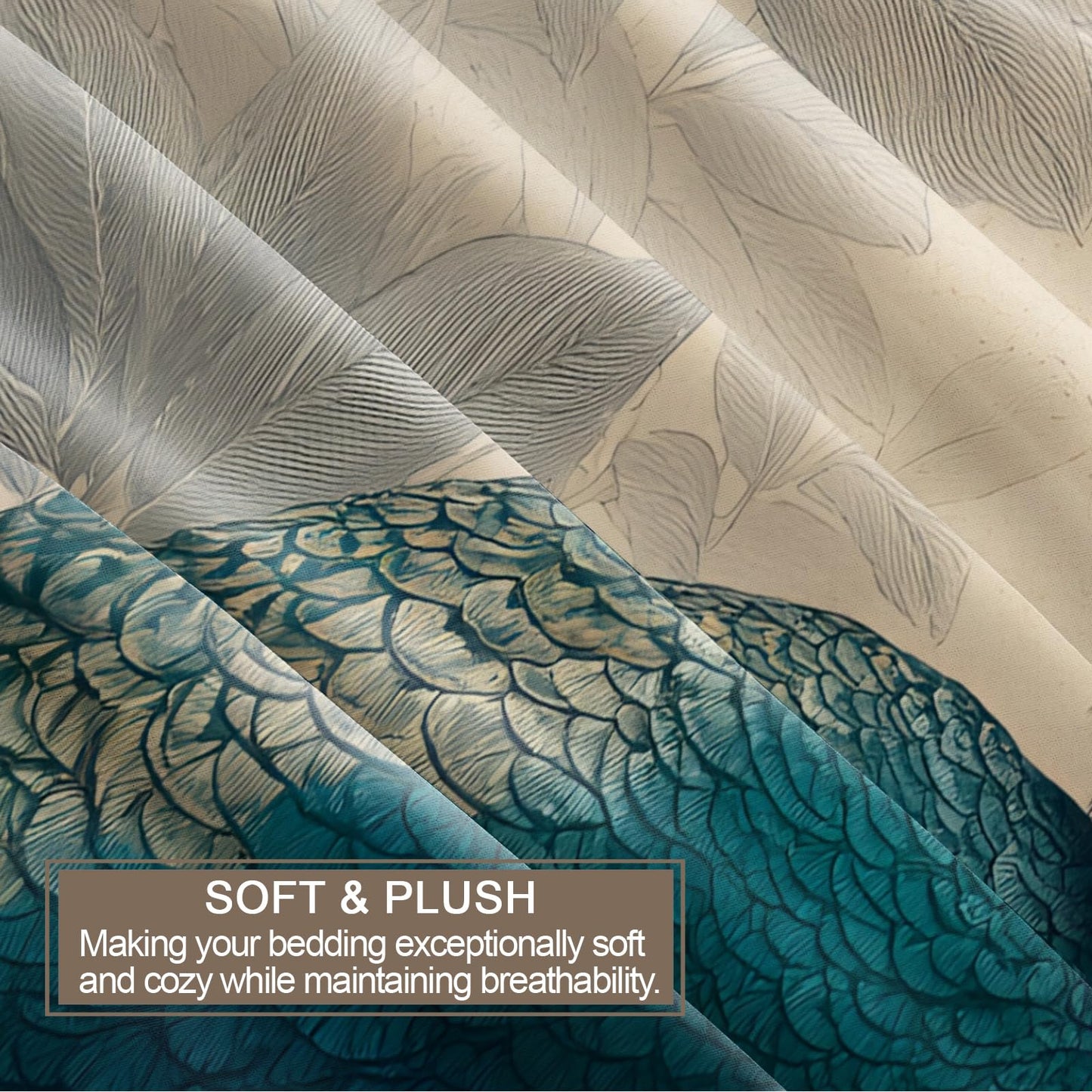 Blue Peacock Duvet Cover Twin Size, Teal Peacock Feather Comforter Cover 68" x 90" & 2 Pillowcases, Elegant Birds Bedding Set with Zipper Ties