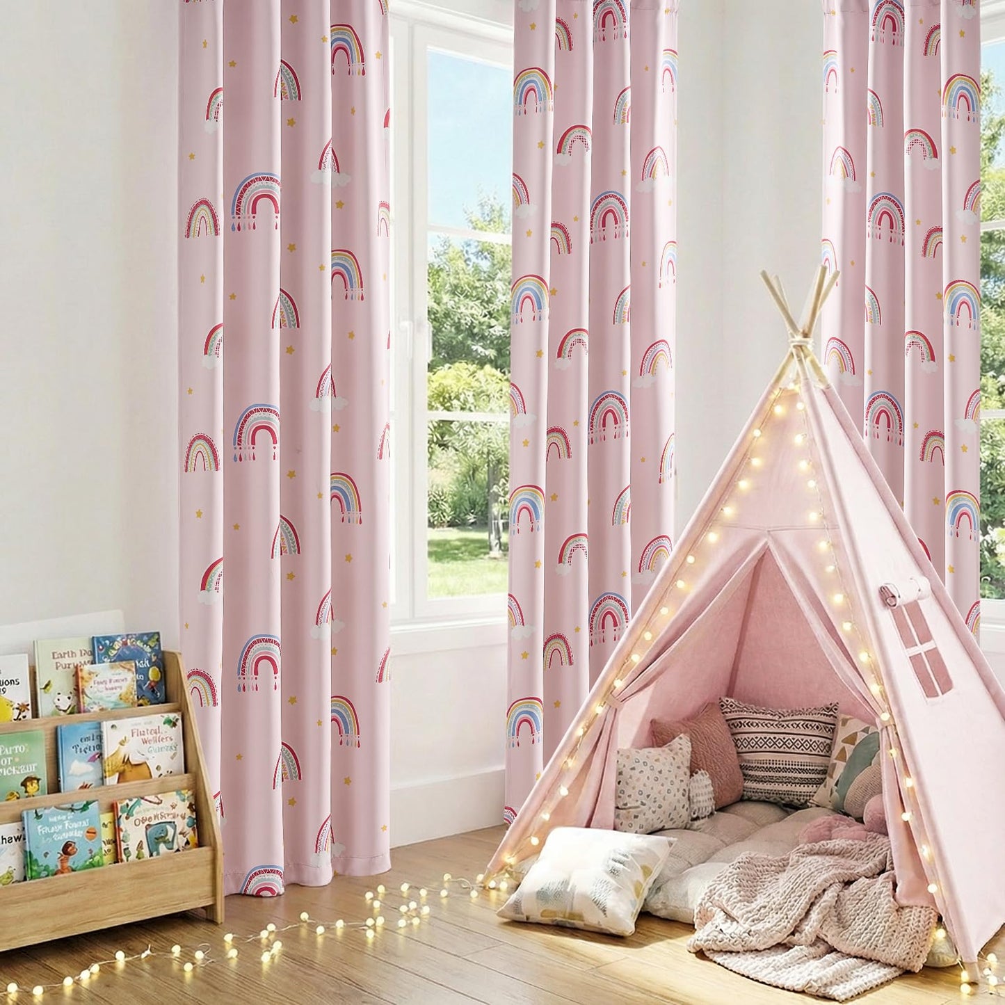Vangao Blackout Curtains for Kids Bedroom Rainbow Pink Nursery Curtains 84 Inch Length Drapes for Teen Girls Thermal Insulated Room Darkening Boho Light Blocking for Living Room Set of 2
