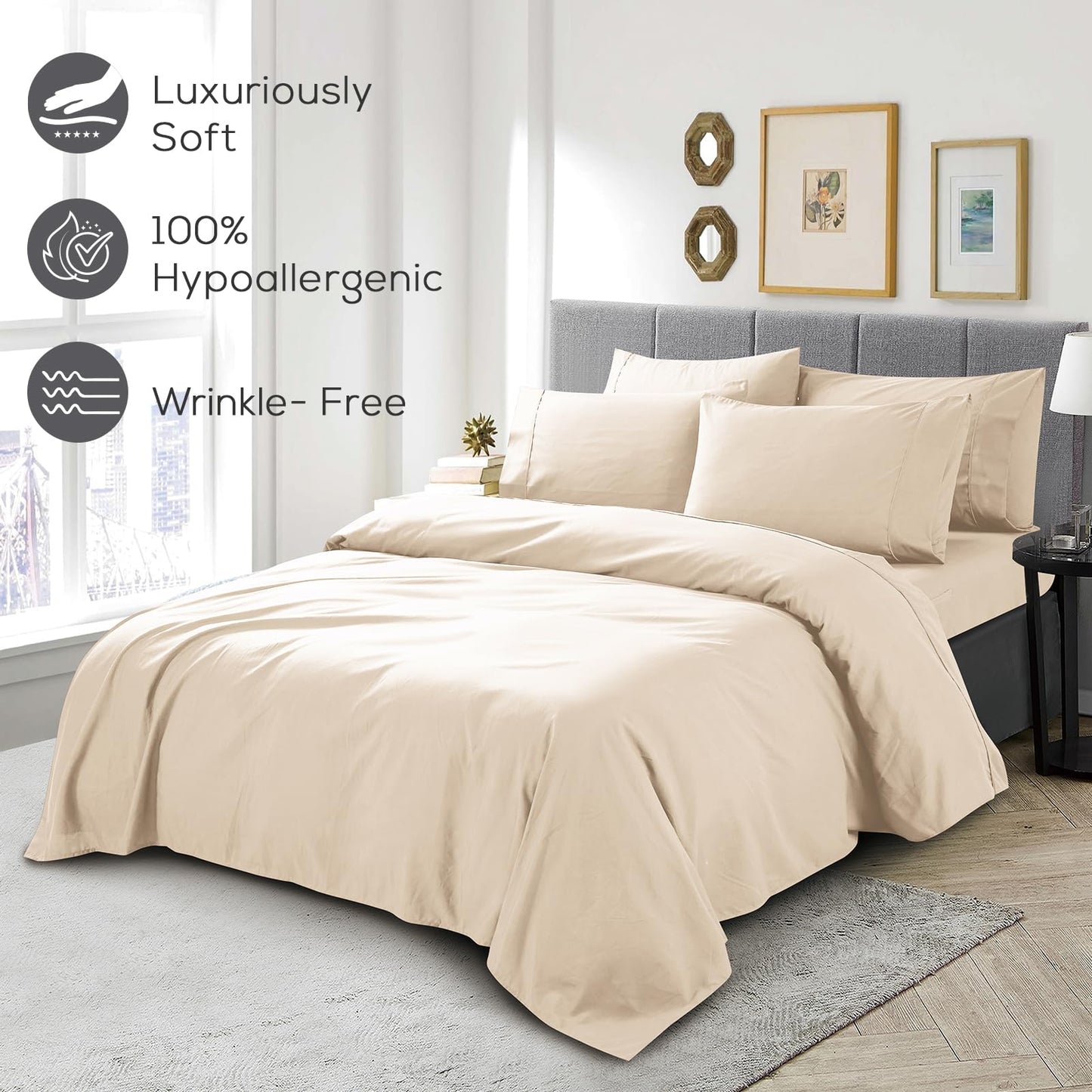 Mueller UltraTemp King Size Sheets Set – 6 Piece Premium Bedding, Silky Soft, Cooling, Deep Pocket up to 16", Breathable Heat Transfer, Wrinkle-Resistant & Hypoallergenic, Cream