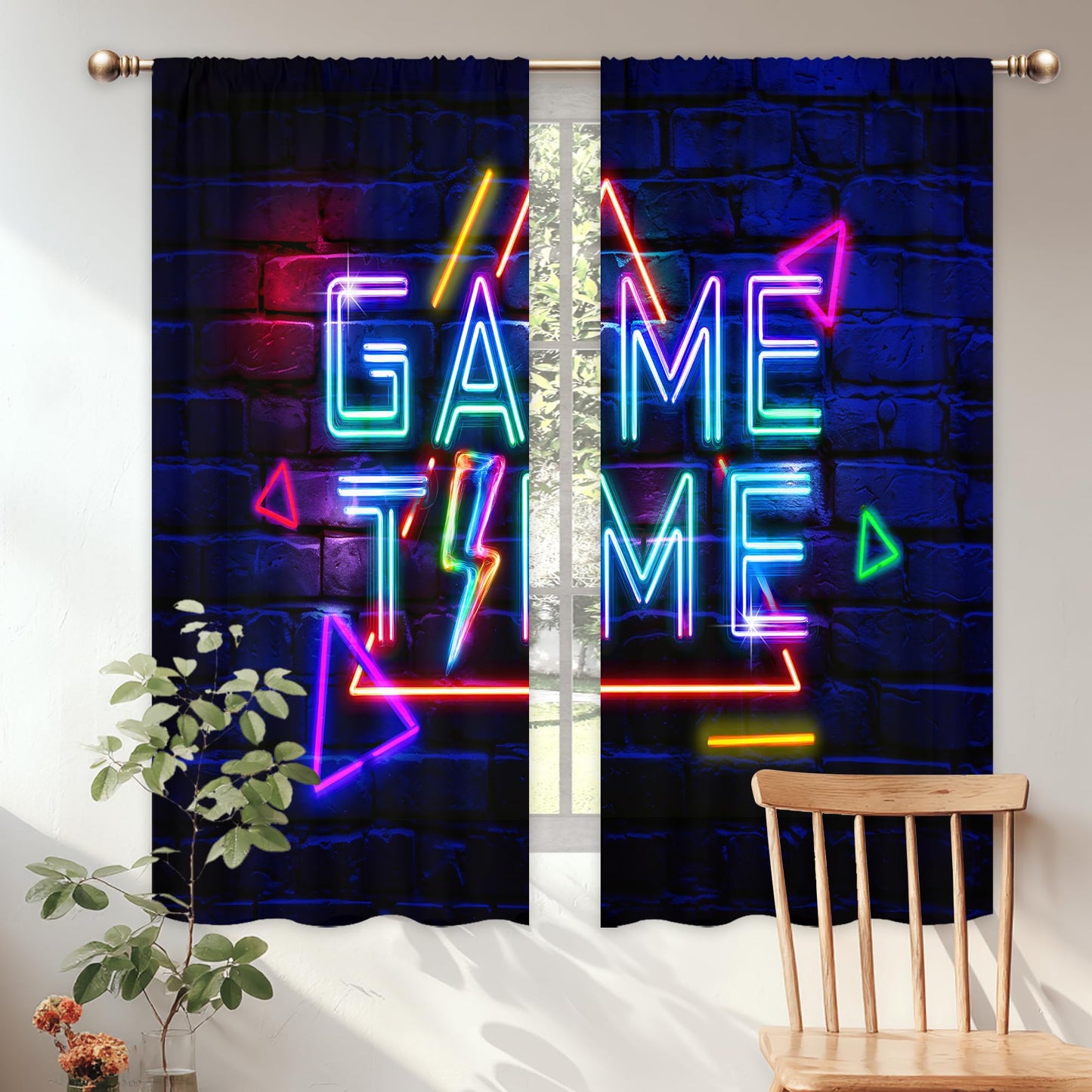 Mitpok Kids Neon Gaming Curtains for Boys Bedroom 42Wx63H Inch Rod Pocket Gamer Video Game Time Cool Modern Geometric Rustic Brick Wall Child 2 Panel Window Treatment Set for Playroom Room Decor