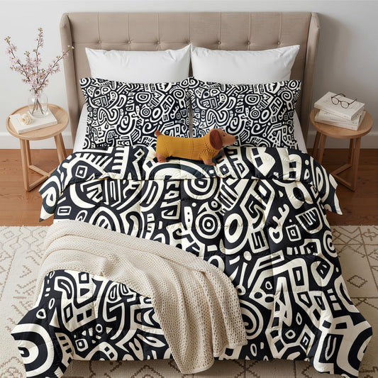 Abstract Art Comforter Set Queen Size 3 Pcs - All Season Comforter & 2 Pillowcases, Black and White Bedding Set, Soft Lightweight Down Alternative Duvet Insert, Tribal Graffiti Bedroom Decor