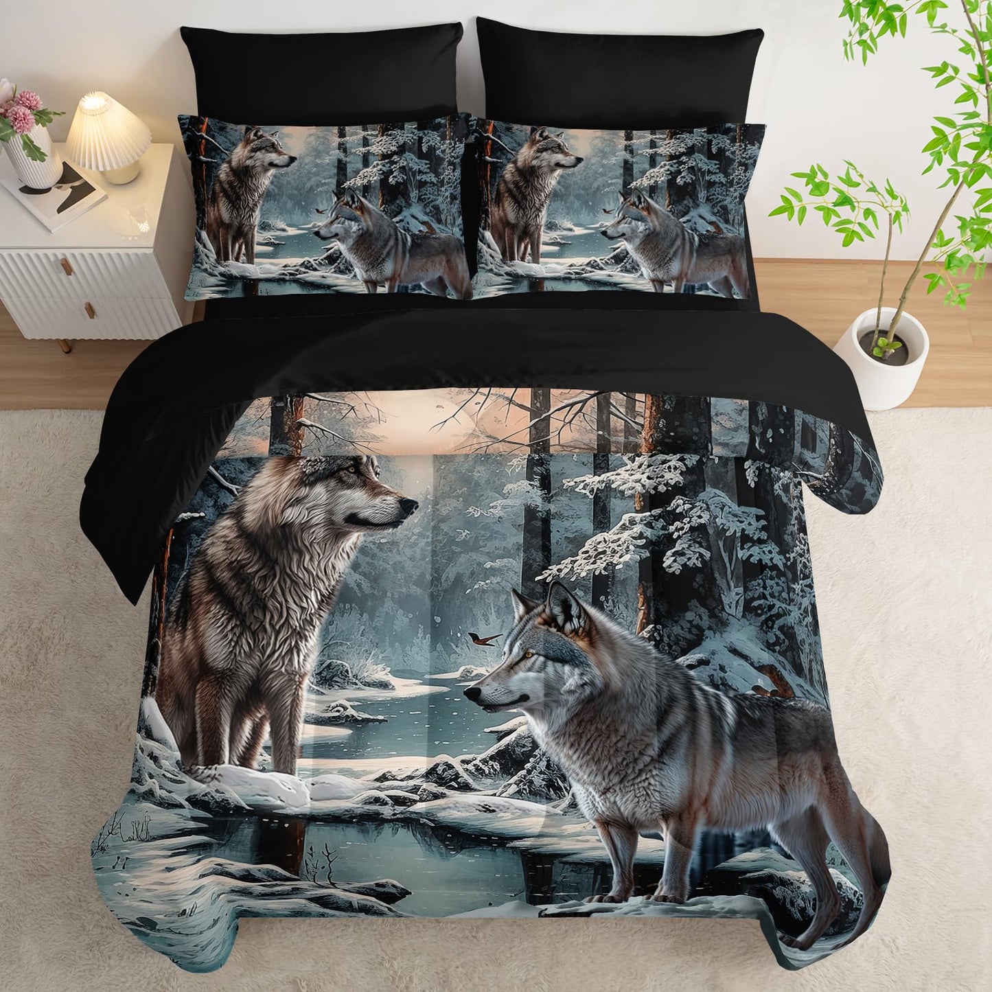 AILONEN Snow Wolf Comforter Set - 7Pcs Soft Kids Boys Bed in a Bag - Queen Size Comforter,Fitted Sheet,Flat Sheet,2 Pillowcases,2 Pillow Shams - Winter Wildlife Room Decor