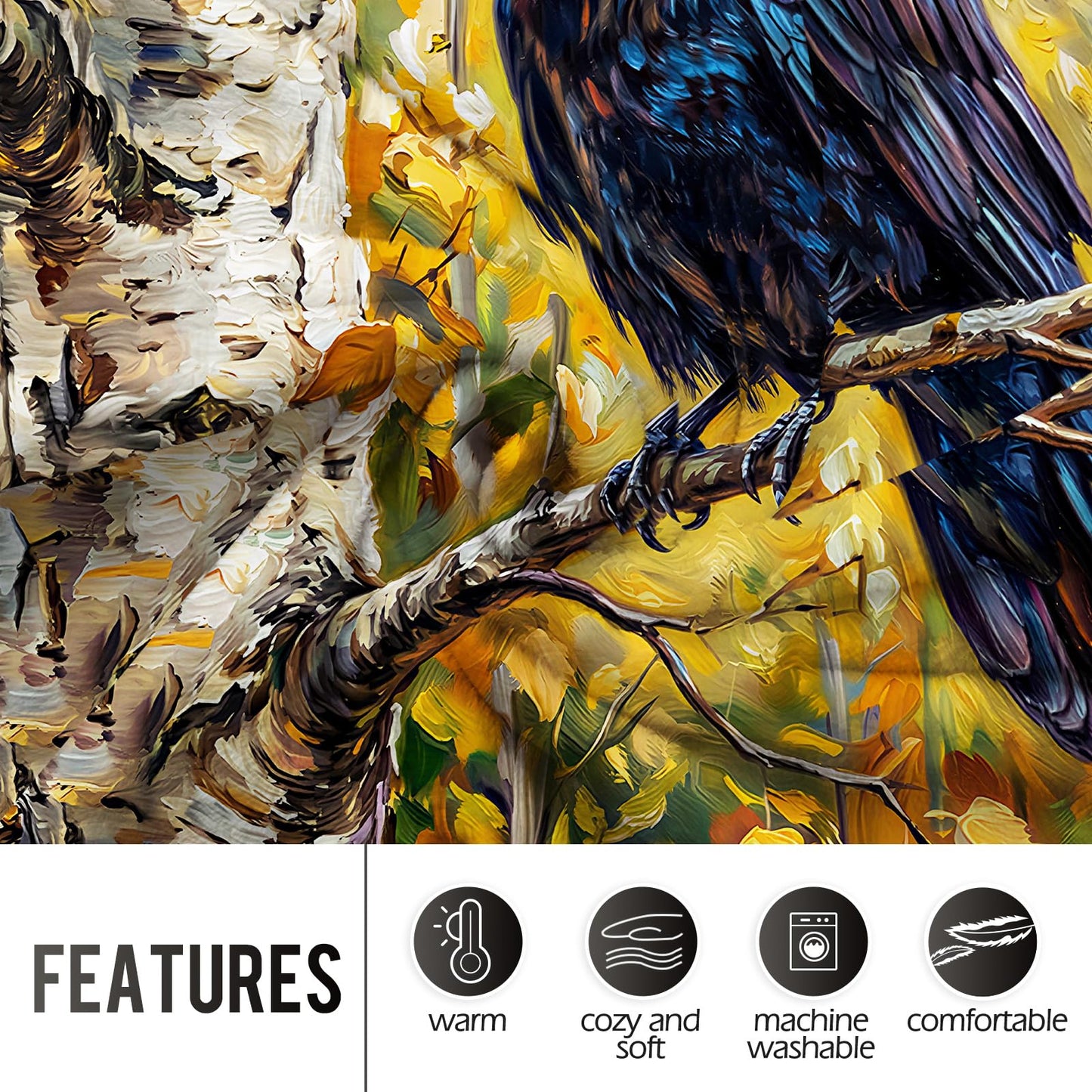 LevensWoodland Oil Painting Autumn Raven Flannel Throw Blanket 50x60 | Soft Lightweight Cozy Decorative Blanket for Gift, Living Room, Couch, Dorm, Office, Car, Camping, Nap