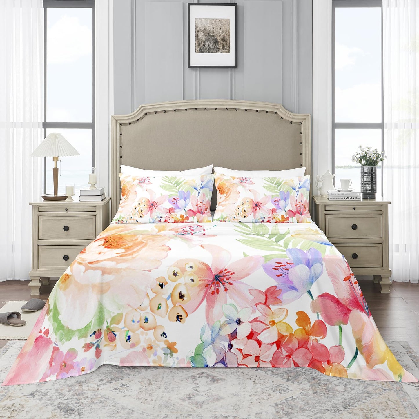 YIYEA Queen Sheet Set, Luxury 1800TC Hotel Quality Double Brushed Microfiber Floral Bed Sheets for Queen Size Bed, Extra Soft, Deep Pocket, Shrinkage and Fade Resistant, 4PC (Queen)