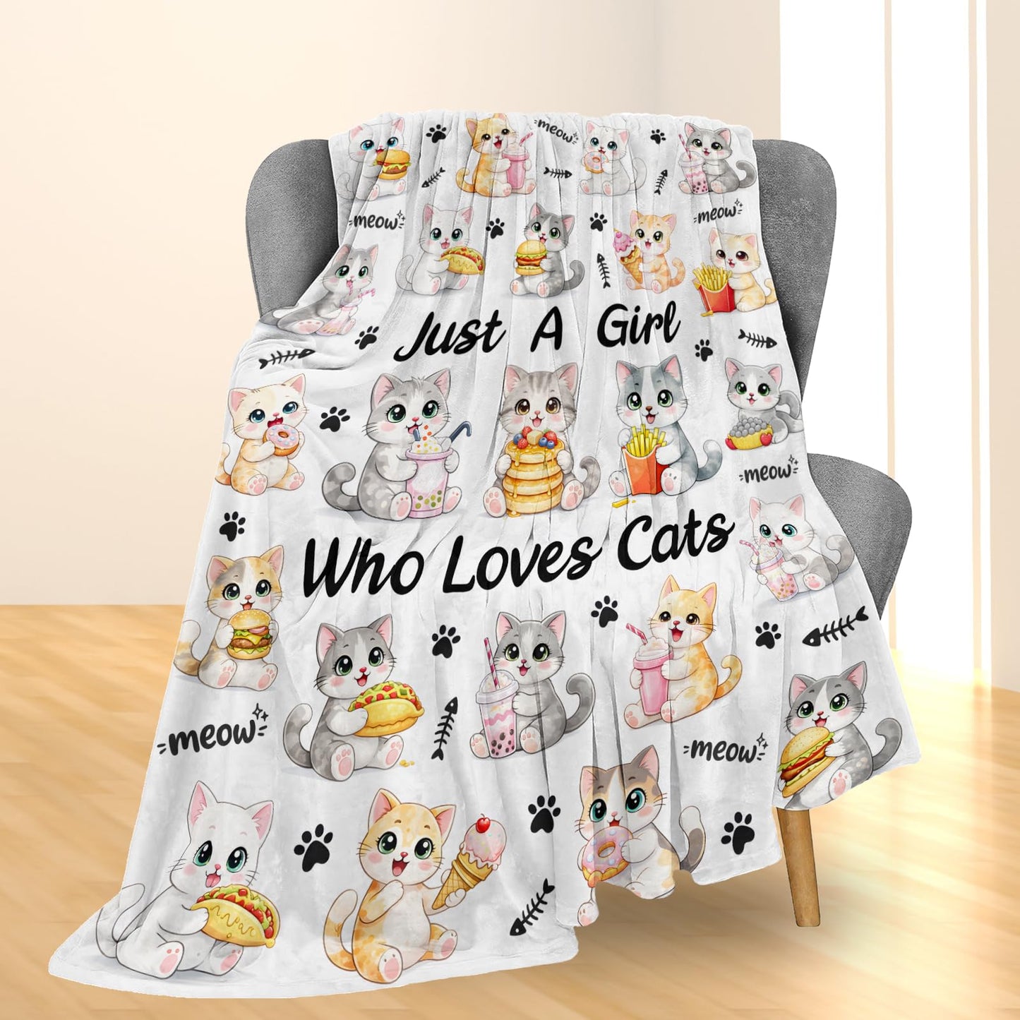Ti Caldi Cute Cat Blanket Gifts, Adorable Kittens and Snacks Flannel Just A Girl Who Loves Throw Blanket for Couch, Bed, Travel & Home Decor, Cozy Lightweight Warm Blankets for Women Girls 60×50 in
