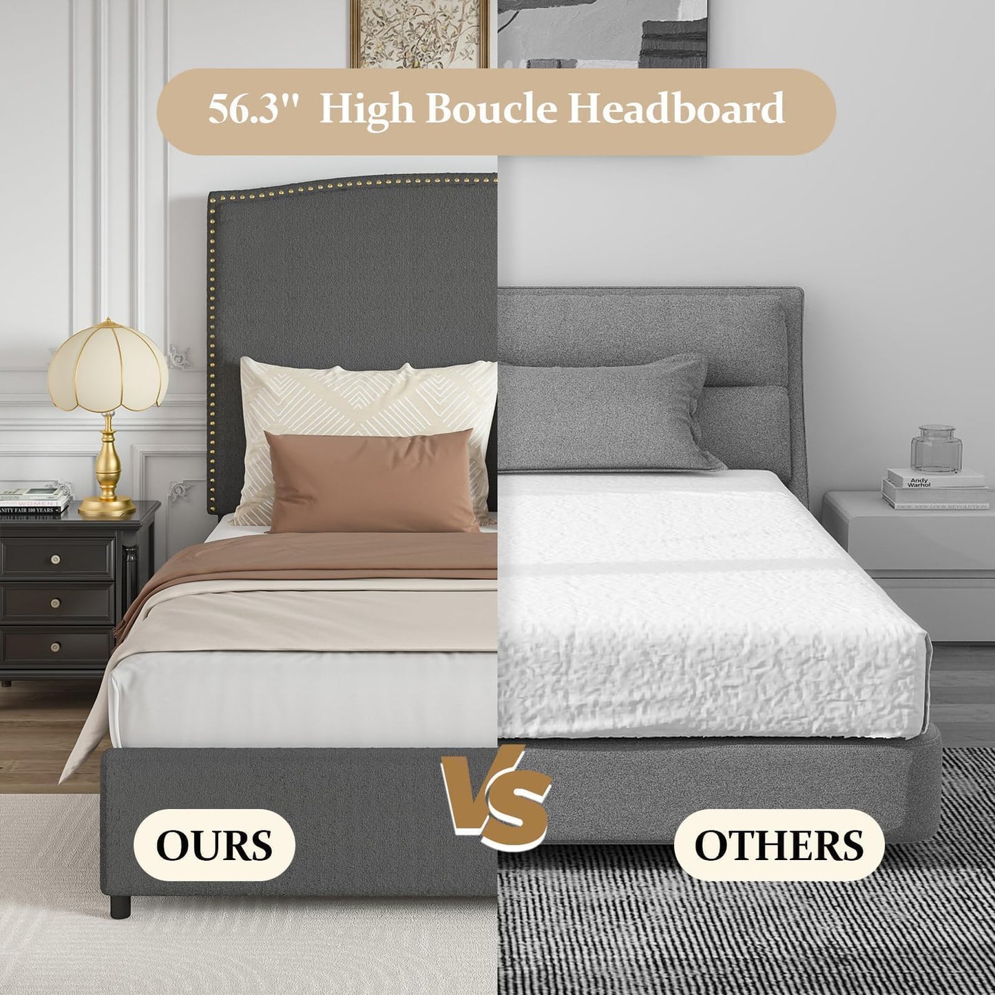 BarnFurin Queen Size Chenille Bed Frame with 56" Tall Headboard, Upholstered Platform Bed with Nailhead Trim Headboard, Soft Boucle Fabric, No Box Spring Required, Easy Assembly, Grey
