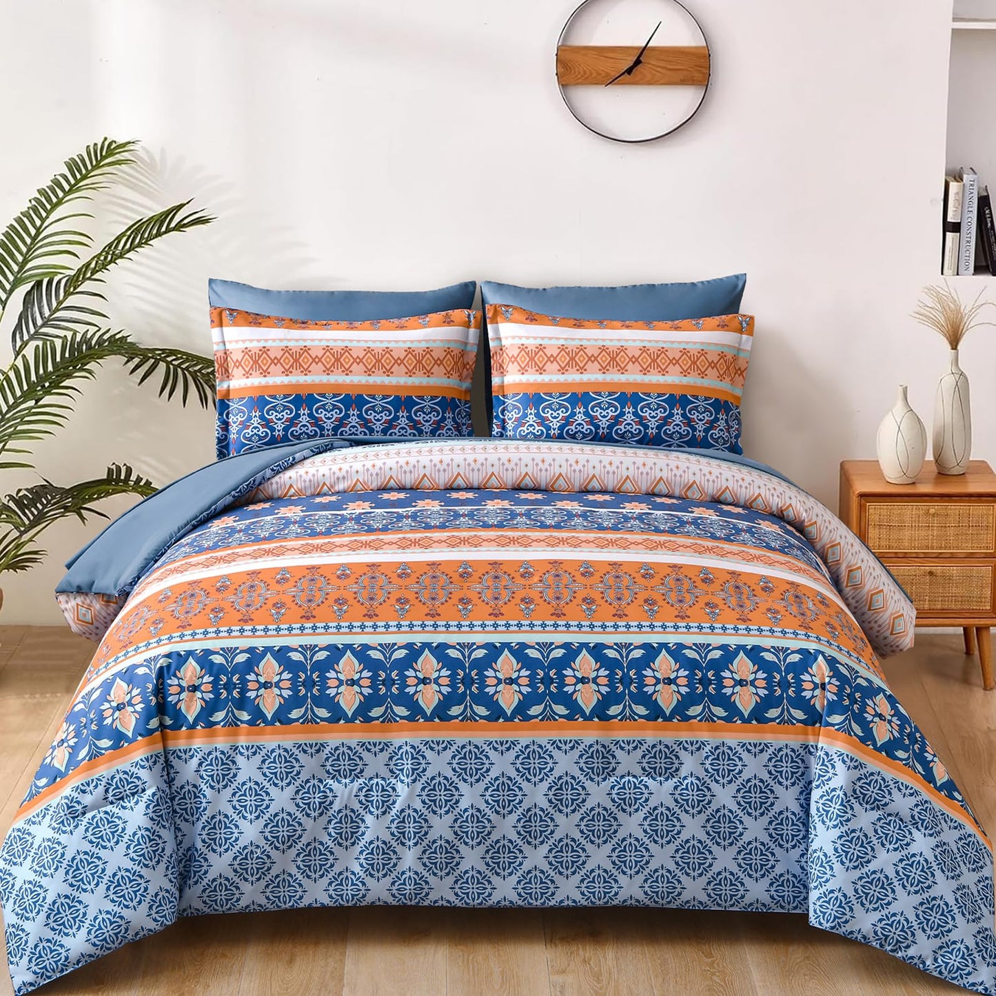 WONGS BEDDING Boho Comforter Set Queen, Blue and Orange Bedding Set 7 Pieces Bed in a Bag Bohemian Striped Bedding Comforter Sets Soft Microfiber Comfortet and Sheet Set for All Season