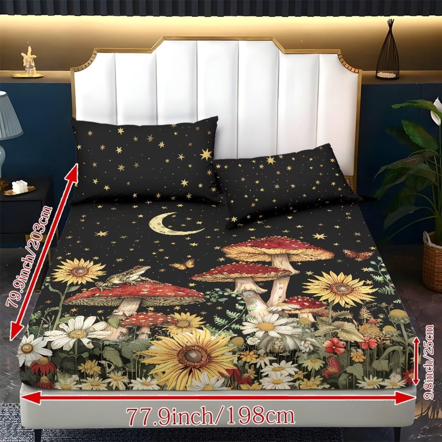 ZDCUSTOM Night Mushroom Bedsheet Sets of 3 Children's Room Decor Fitted Sheet with 2 Pillowcases Twin XL Size Bed Sheets 9.8" Deep Pocket Sunflower Bedding Setsr for Bedroom Decor, 39" x 79"