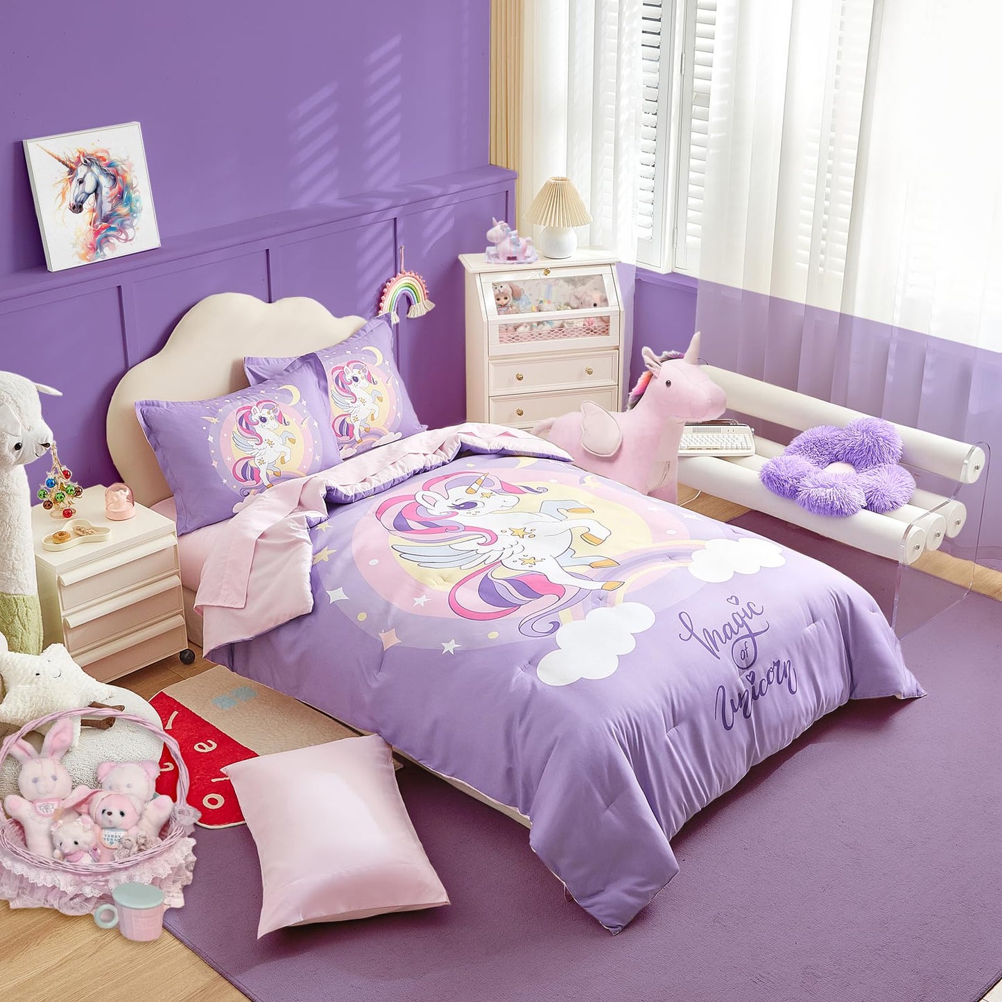 Girls Bed in a Bag Full Size Purple Unicorn Comforter Set with Rainbow Star - Soft Microfiber 7 Pcs Bedding Set (1 Comforter 2 Pillow Shams 1 Flat Sheet 1 Fitted Sheet 2 Pillowcases)