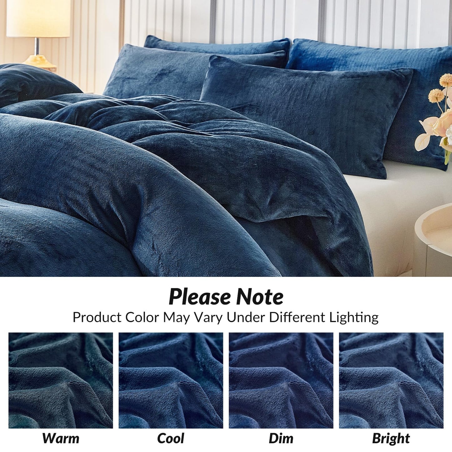 WARMDERN Navy Velvet Duvet Cover Set Queen Size, Luxury Milk Velvet Bedding Duvet Cover with Zipper Closure, 3pcs Ultra Soft Duvet Covers for All Seasons, 90" x 90", Navy