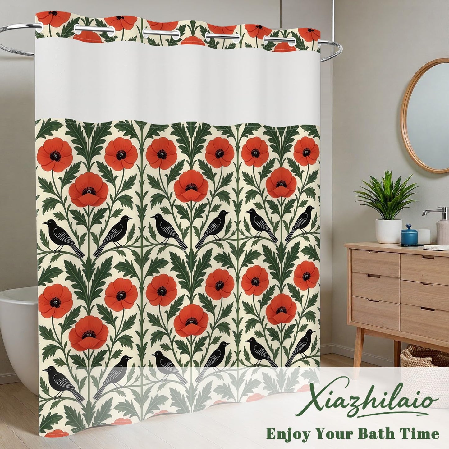 Xiazhilaio Gothic Floral & Bird Shower Curtain with Snap in Liner, 71Wx74L