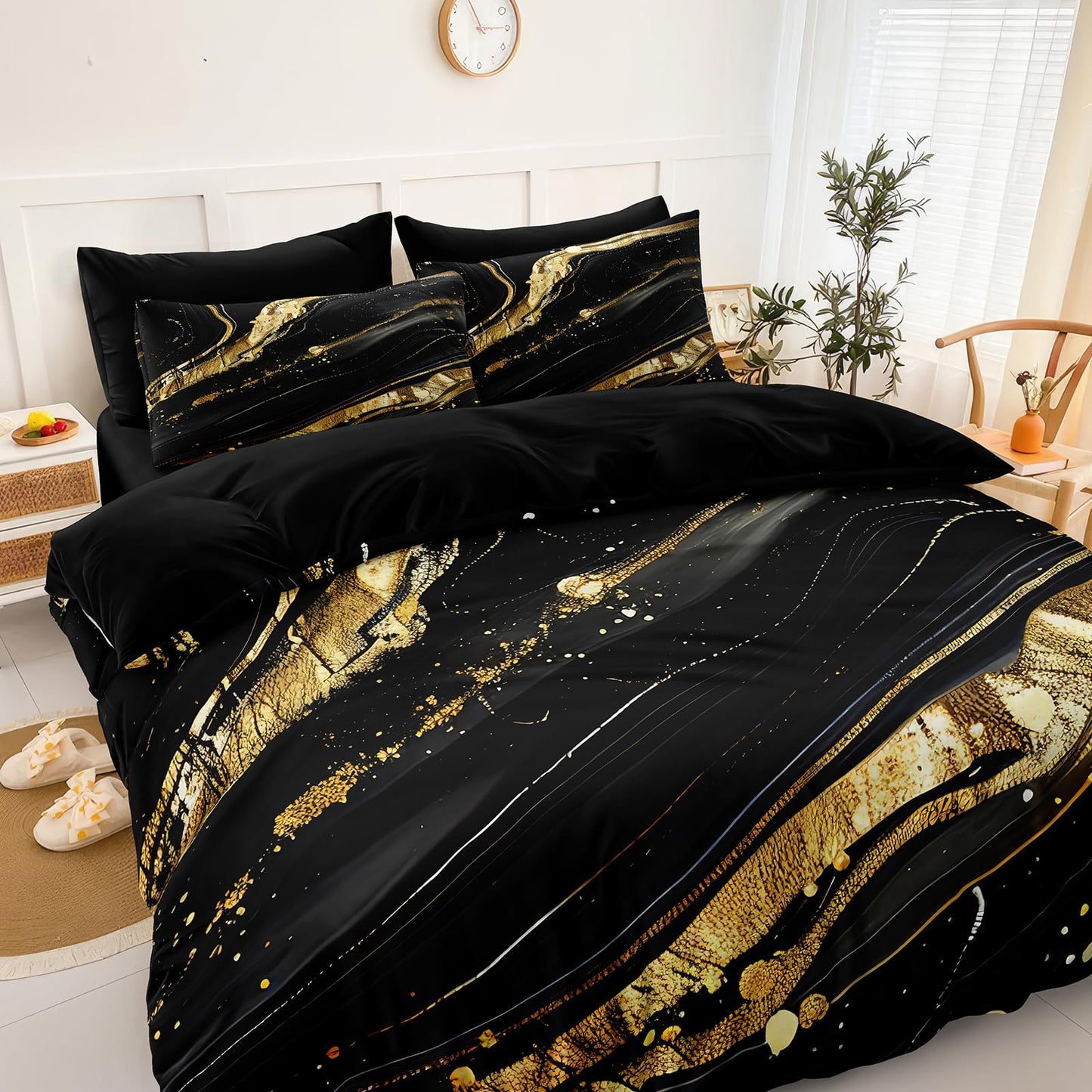 MOVE OVER 8 Pieces Black Gold Marble Bed in a Bag King Size Abstract Marble Textured Comforter Set with 1 Comforter 4 Pillowcases 1 Flat Sheet 1 Fitted Sheet 1 Cushion Cover