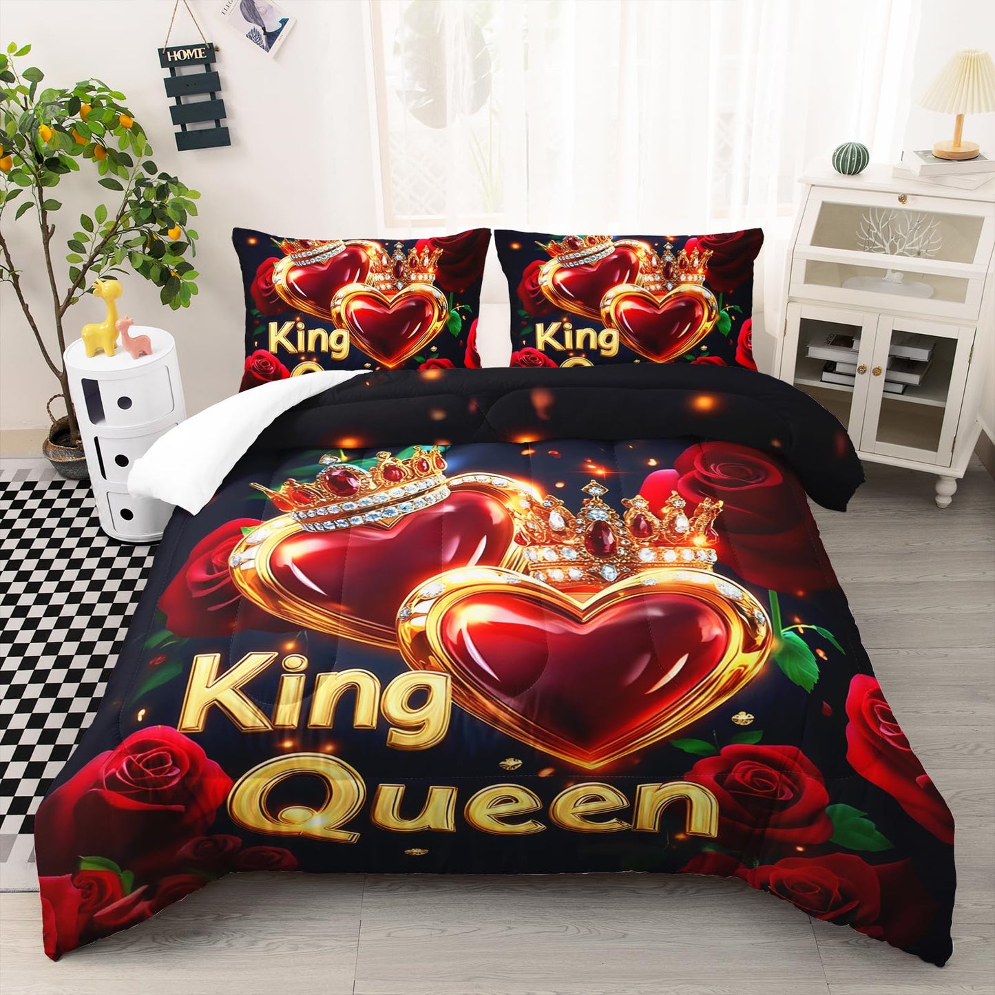AILONEN K & Q Hearts Print Comforter Set Queen Size,Red and Black Rose Bedding with 2 Pillowcases,Valentine Romantic 3Pcs