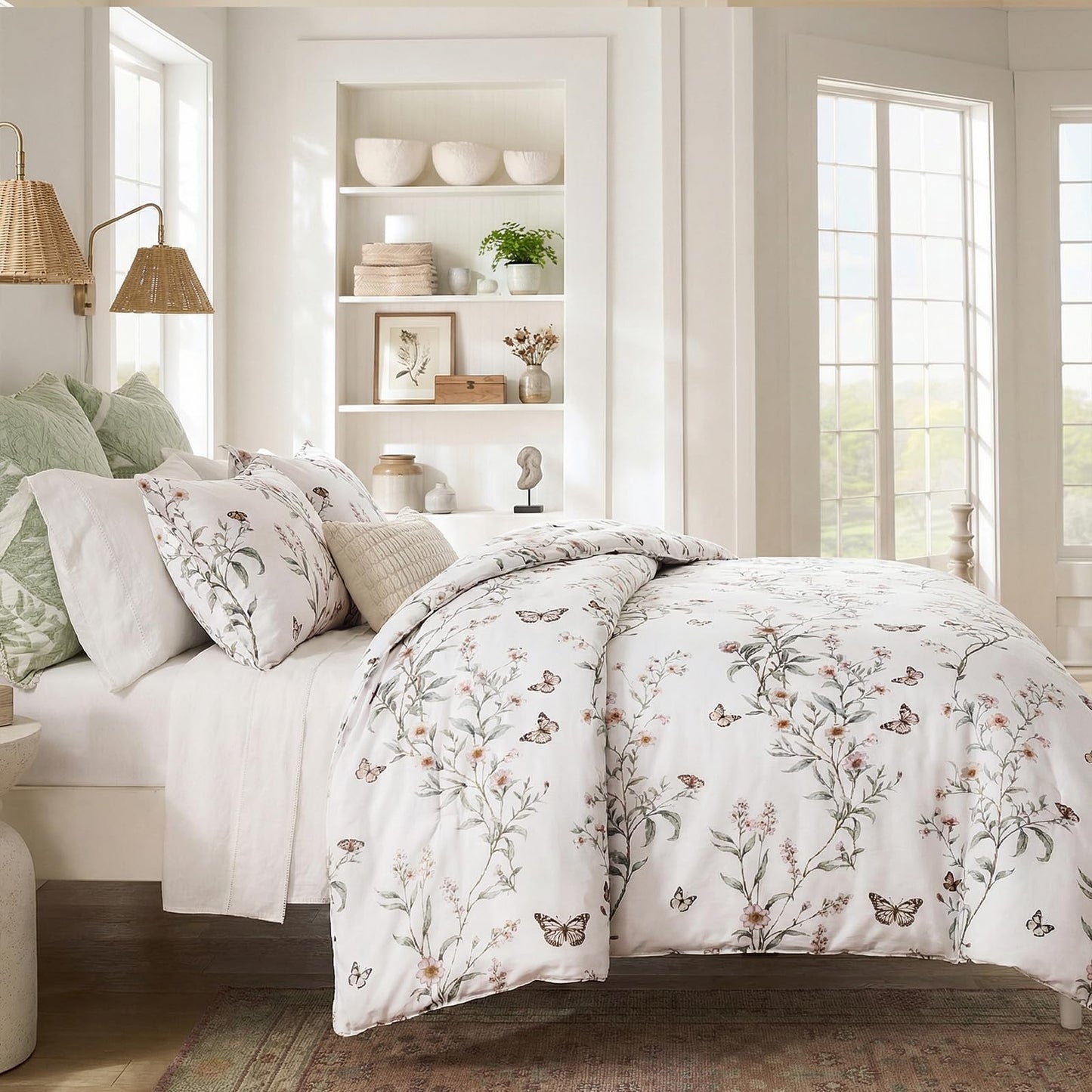 Bedorm 100% Cotton Duvet Cover Set Queen Vintage Floral Bedding Set Green Leaf Branches Flower Pattern 3 Pcs Soft Durable Duvet Cover with Zipper Closure