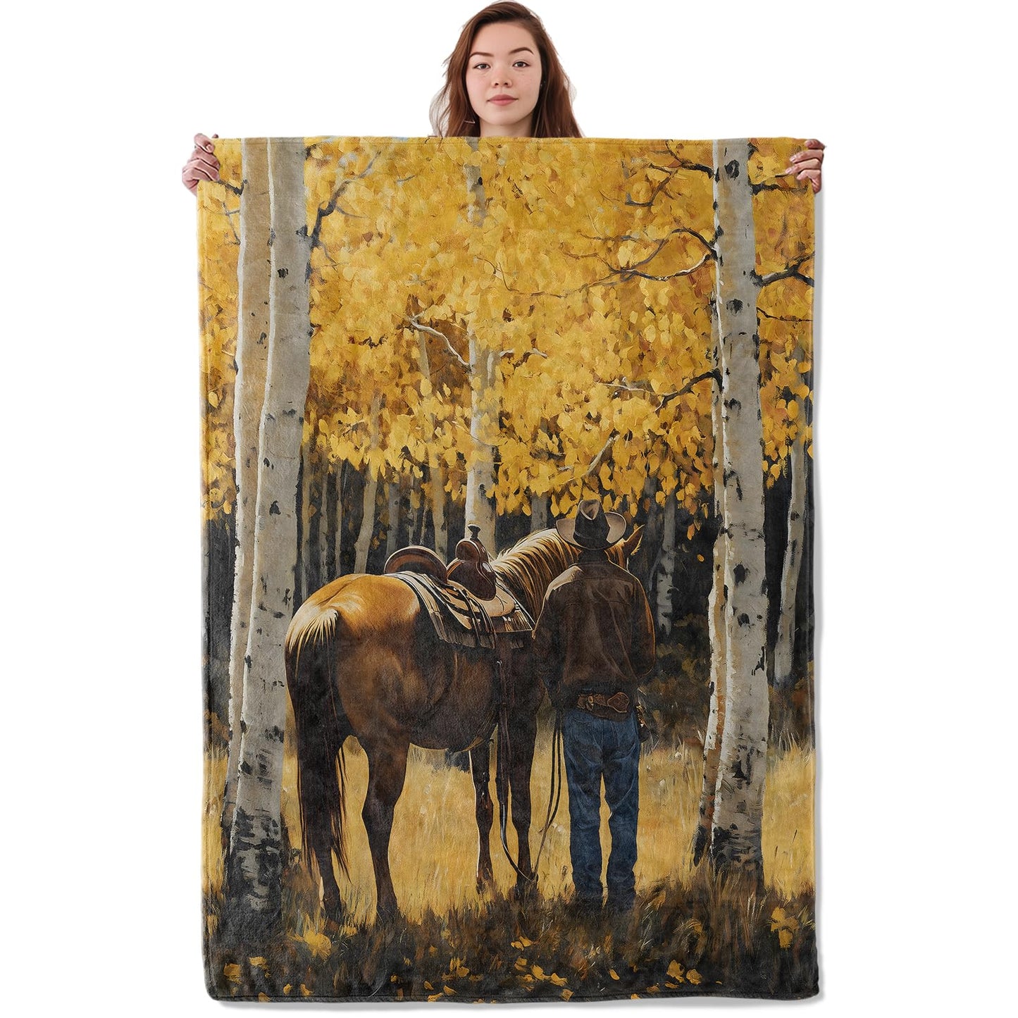 UNDAHIS Cowboy and Horse Blanket, Soft Warm Cozy Autumn Aspen Forest Nature Scene Throw Blanket for Adults Kids Women Men, Lightweight Fuzzy Flannel Blankets for Couch, Travel, Home Decor 60×50 Inch