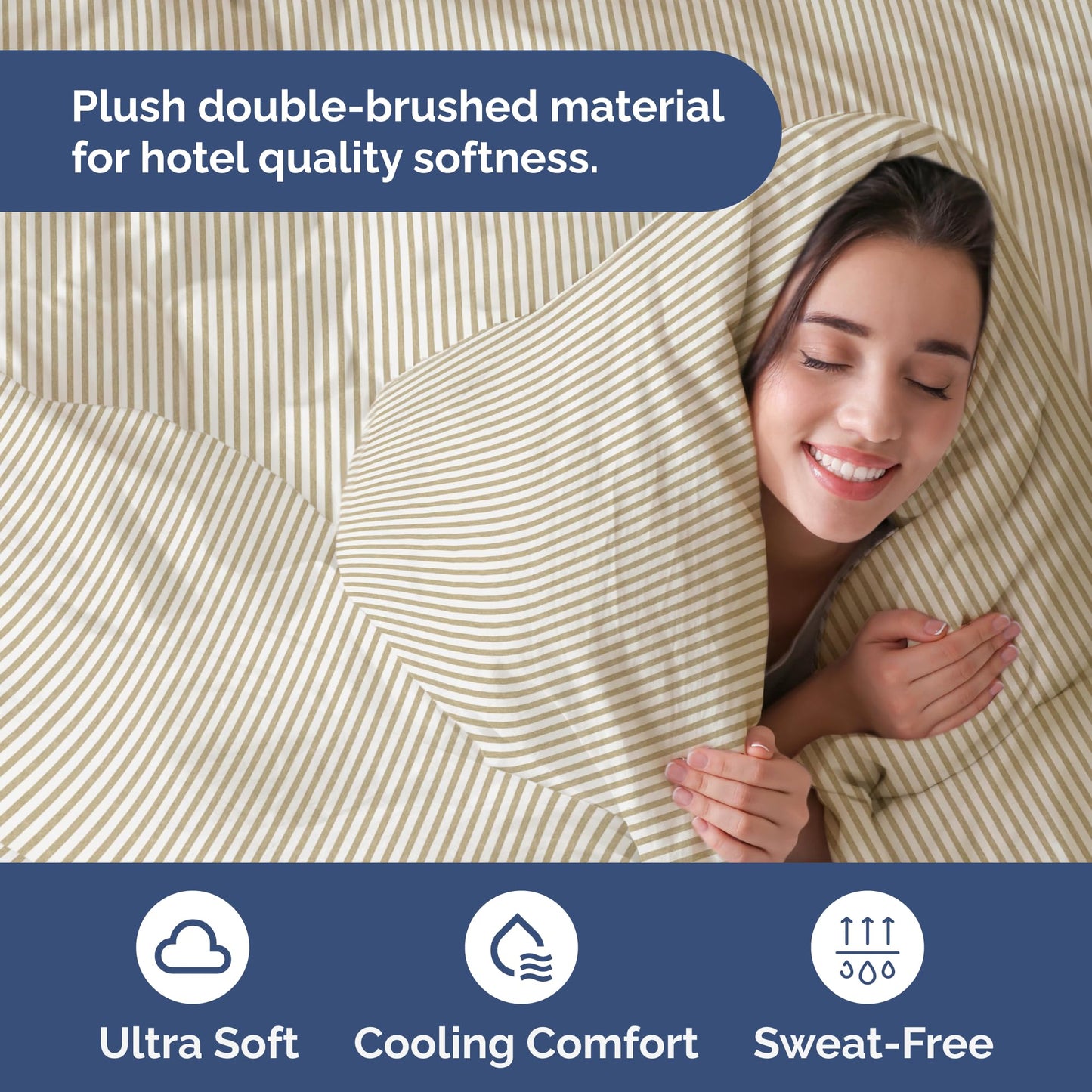 Duvet Cover Queen Size Set - Extra Soft Queen Size Duvet Cover 90 x 90 with 2 Pillow Shams - Hotel Luxury Easy Care & Fade Free w/Zipper Closures & Ties - Comfy Breathable Bedding Set (Beige Stripes)