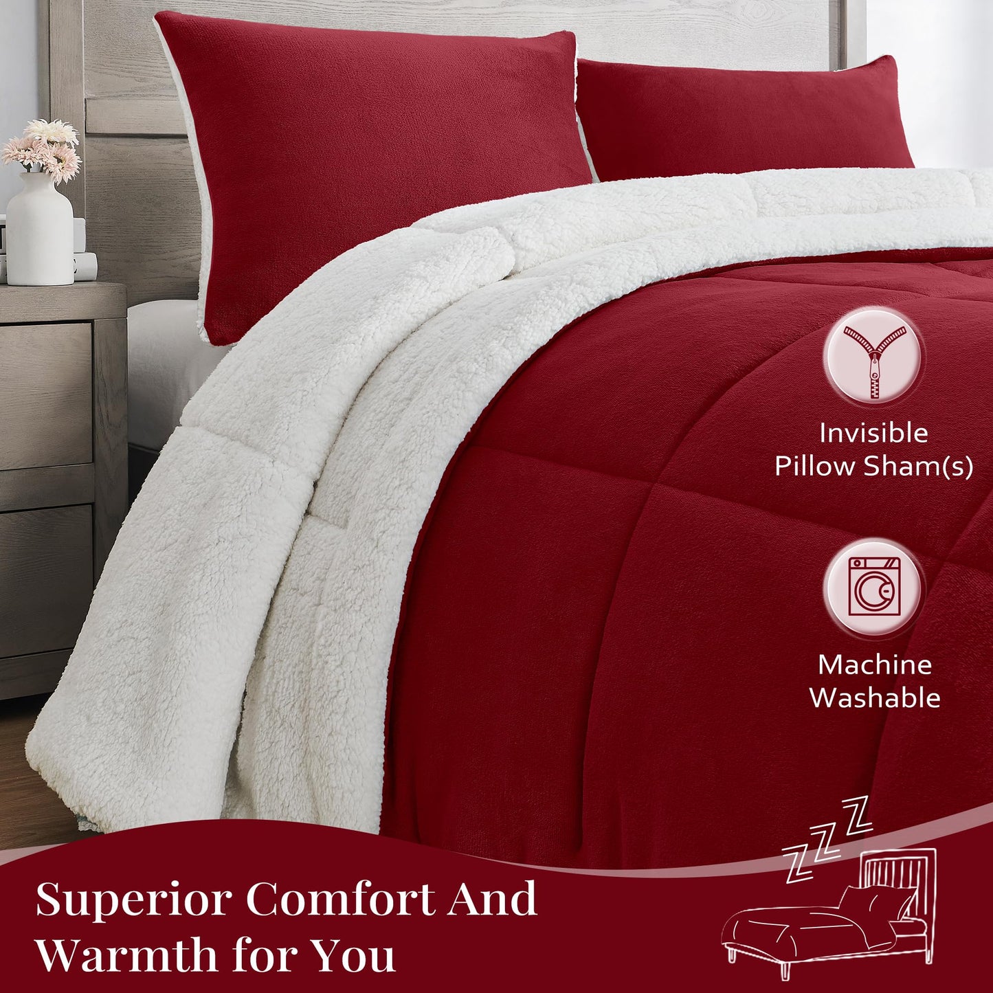 Basic Beyond King Size Comforter Set - Thick Fleece Sherpa Comforter Set for Winter, Soft and Fuzzy Bedding, Red, 104"x88"