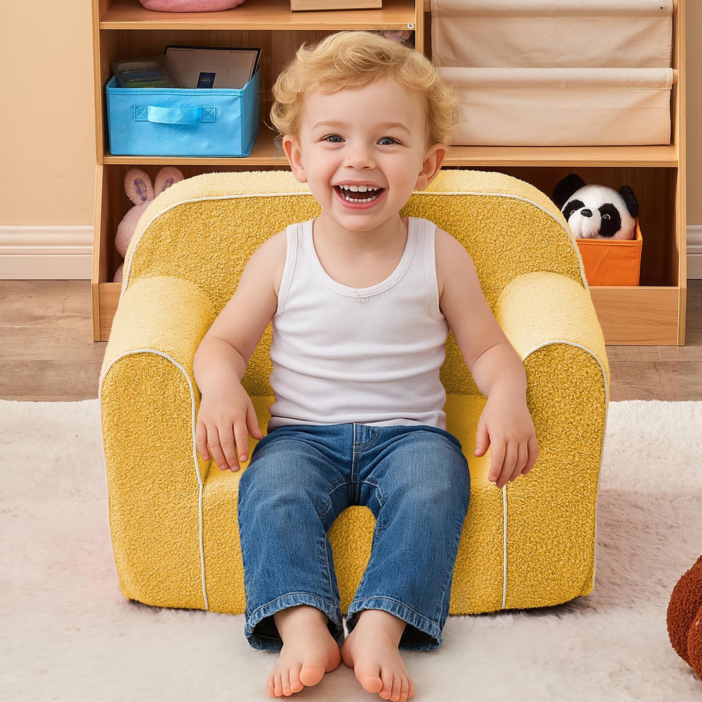 DAICO Ultra-Soft Foam Kids Sofa Chair, Cozy Toddler Bean Bag Chair with Armrests for Boys and Girls, Teddy Lazy Sofa Couch for Reading & Playing, Yellow, Small
