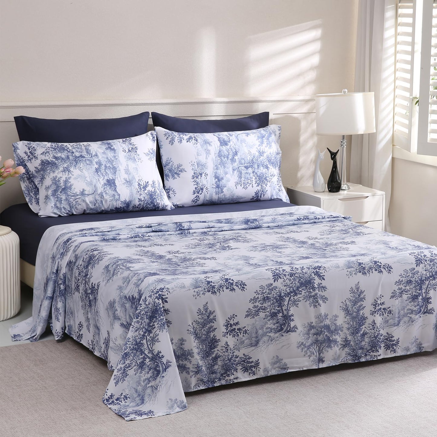 LONAVA Botaincal King Size 6 Pcs Sheet Set, Breathable Microfiber Deep Pocket Navy Fitted Sheets, Comfy & Breathable Patterned Flat Sheets,4 Gentle Soft Pillowcases, Blue Forest