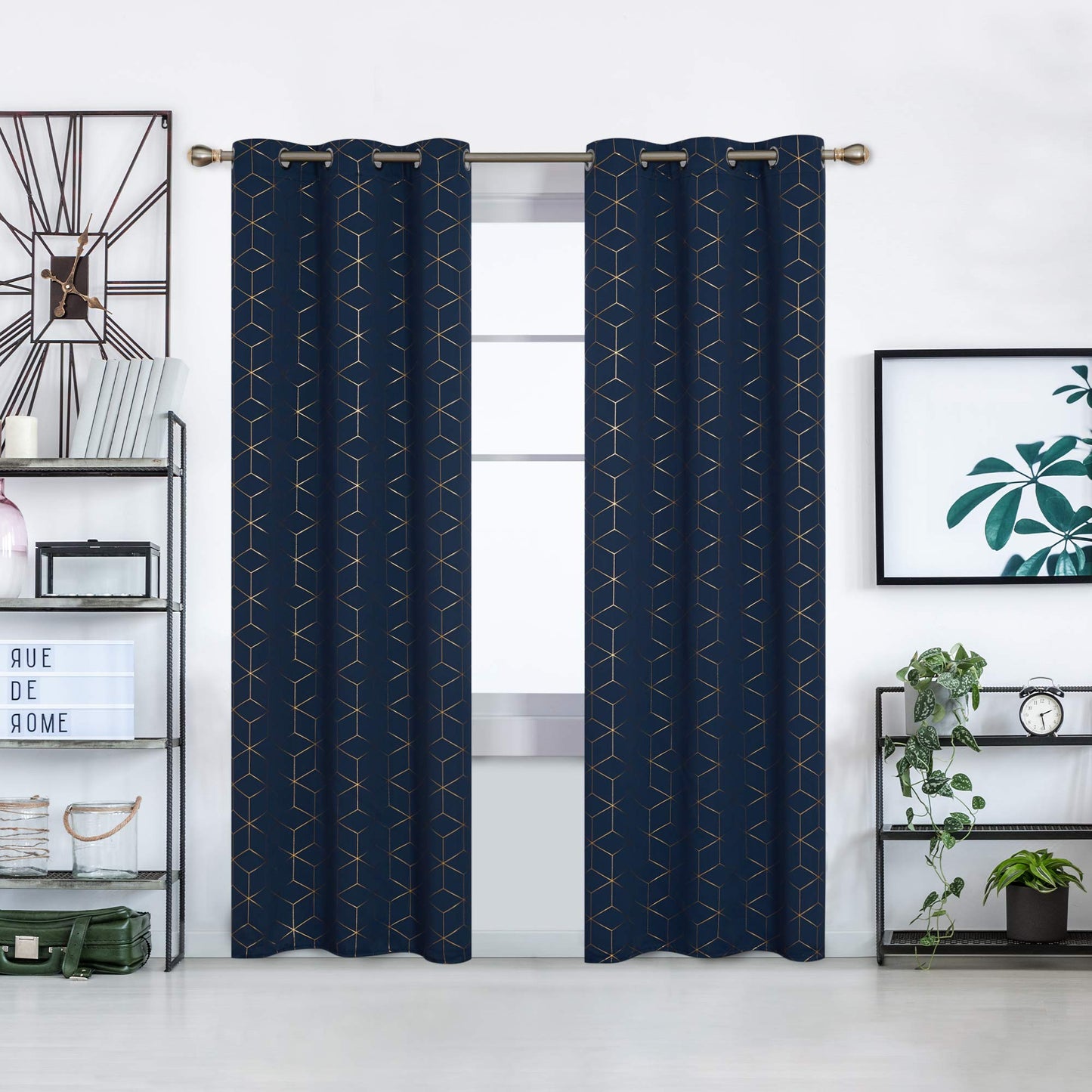 Deconovo Grommet Blackout Curtains, Room Darkening Gold Diamond Drapes, 2 Panels, Navy Blue, 52W x 84L Inch, for Bedroom and Living Room