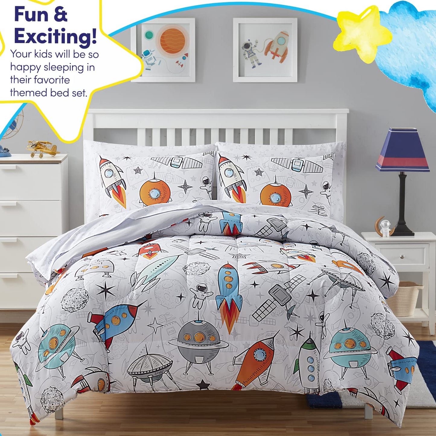 Kids Bedding Set Bed in a Bag for Boys and Girls Toddlers Printed Sheet Set and Comforter , Twin, Floating in Space